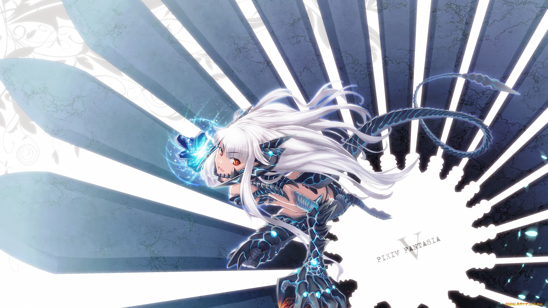 аниме, pixiv, fantasia, девушка, демон, магия, когти, хвост, красные, глаза