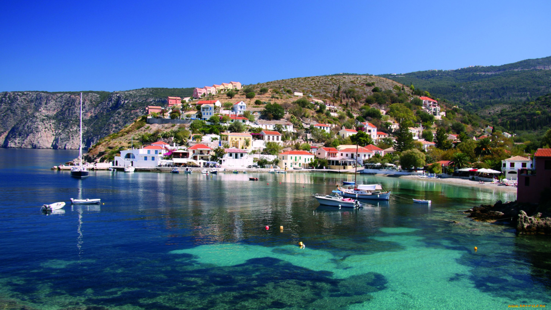 кефалония, греция, города, пейзажи, дома, море, яхты