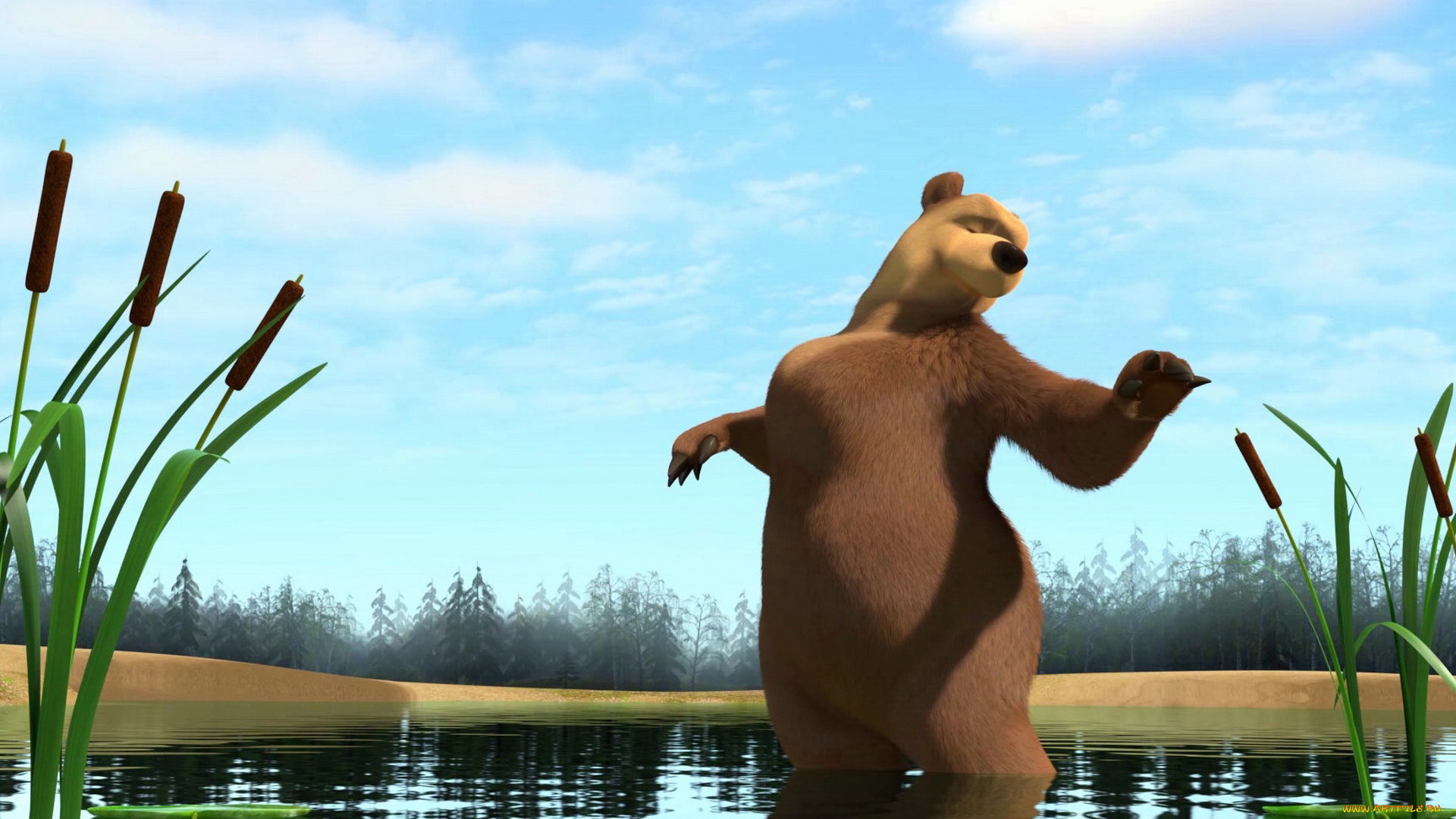 мультфильмы, маша, медведь, камыши, озеро