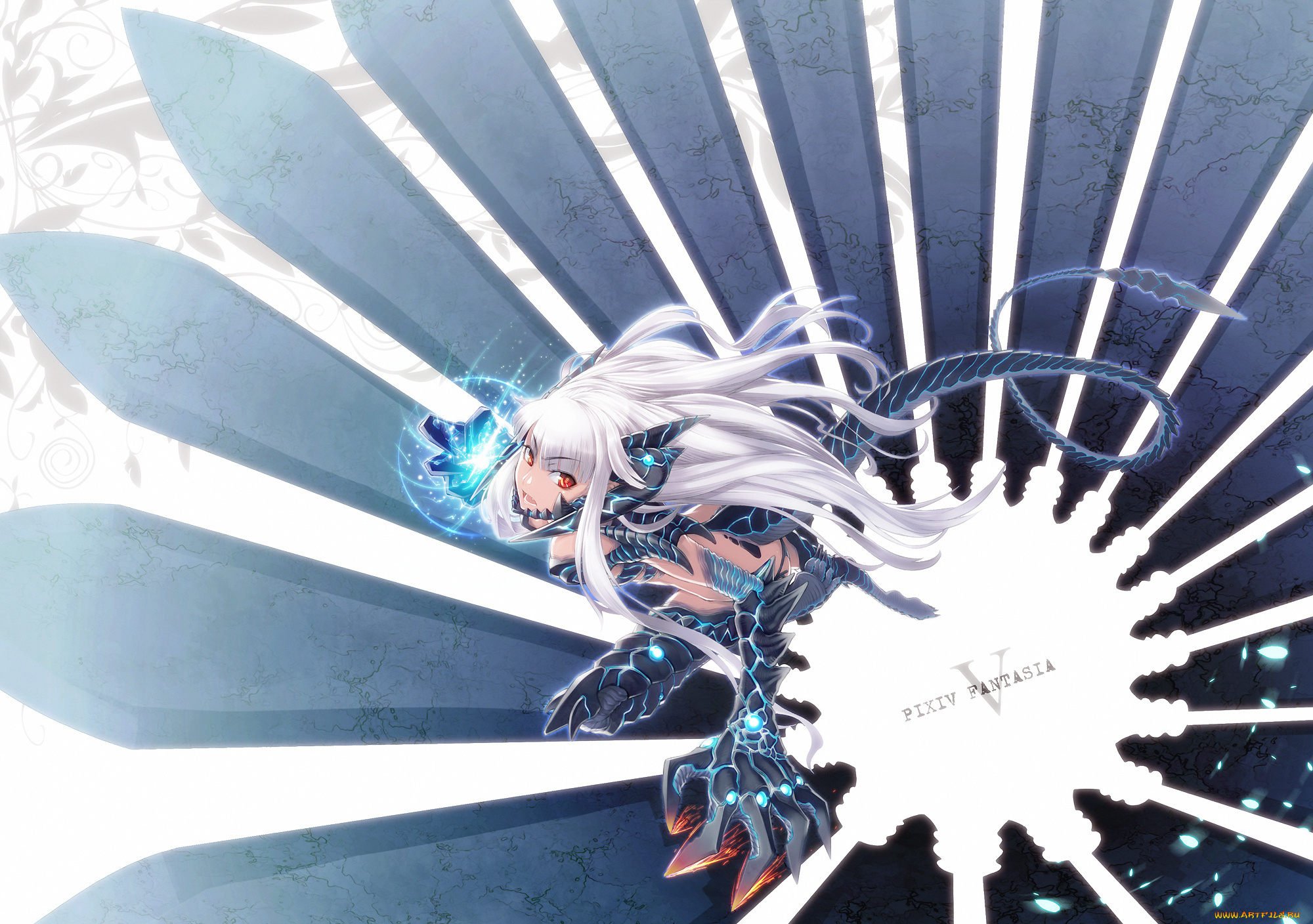 аниме, pixiv, fantasia, девушка, демон, магия, когти, хвост, красные, глаза