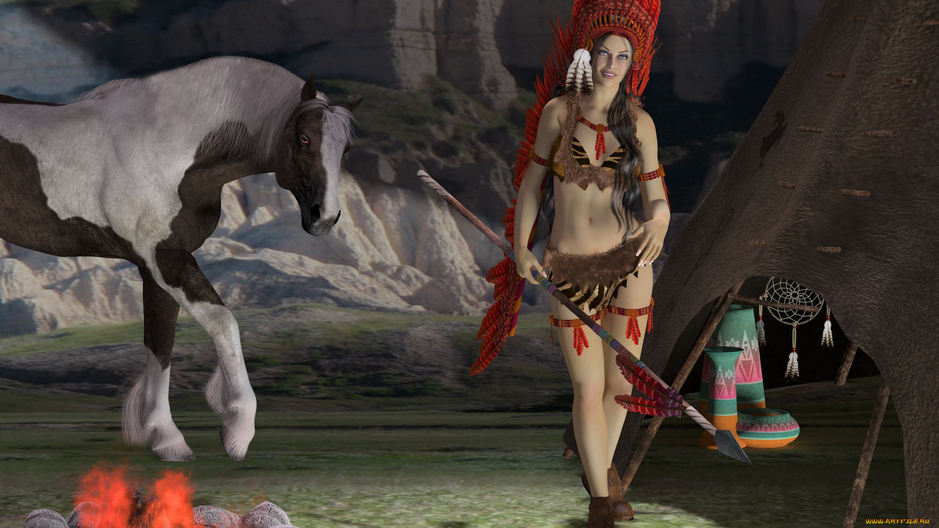 3д, графика, amazon, амазонки, копье, чум, девушка, конь, очаг