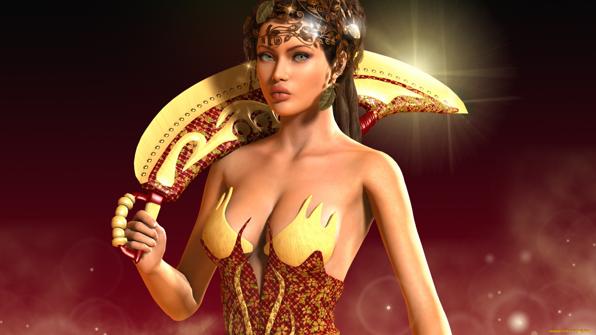 3д, графика, amazon, амазонки, рендеринг, девушка, принцесса, лицо, взгляд, оружие, прическа, рука, огоньки, фон