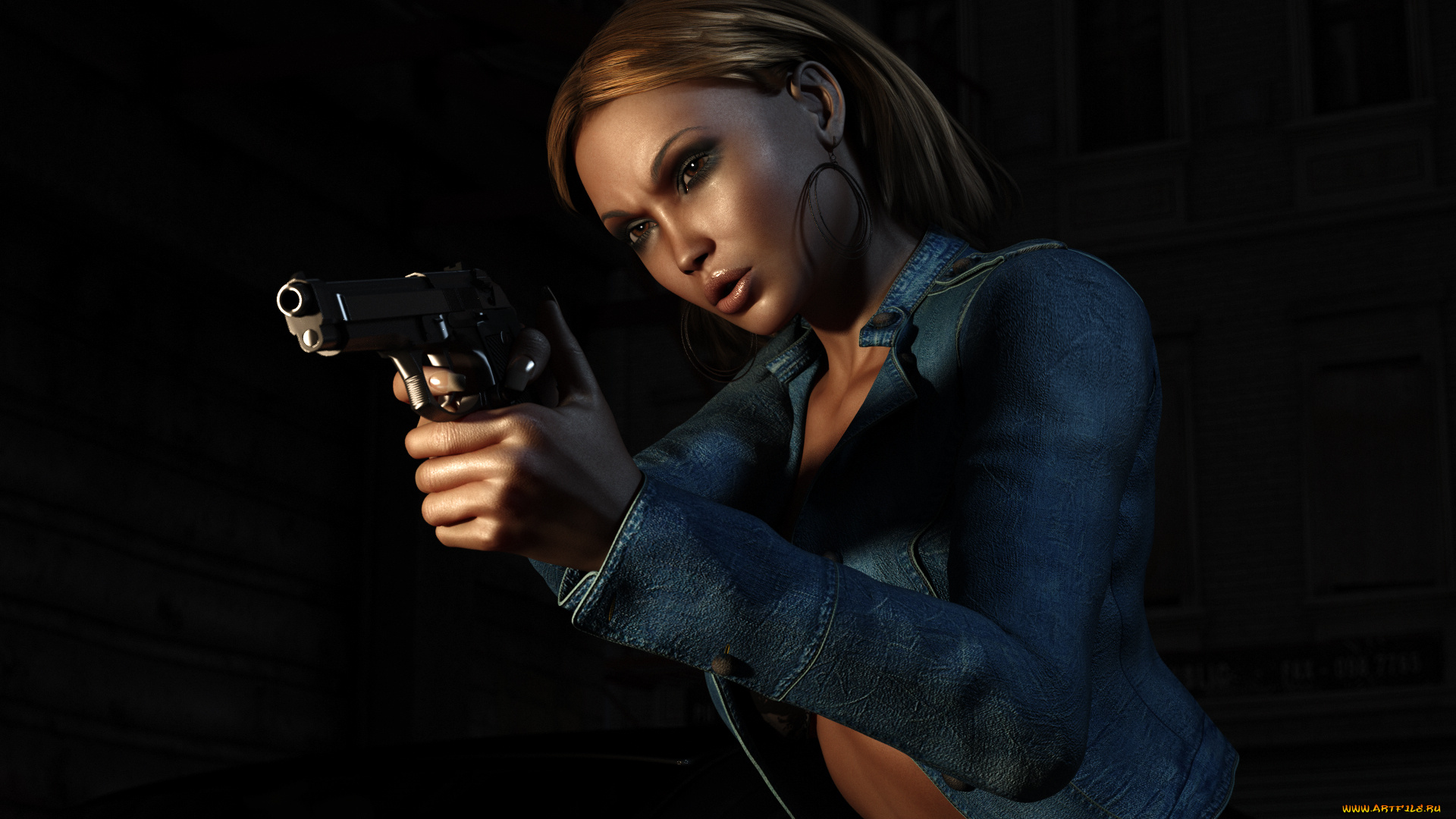 3д, графика, military, куртка, пистолет, джинсовая, рендер, девушка