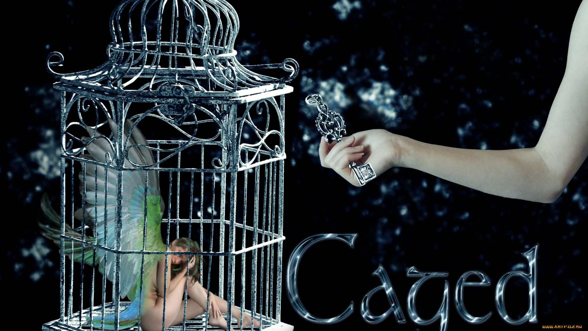 разное, компьютерный, дизайн, фея, клетка, рука, крылья, надпись, ключ