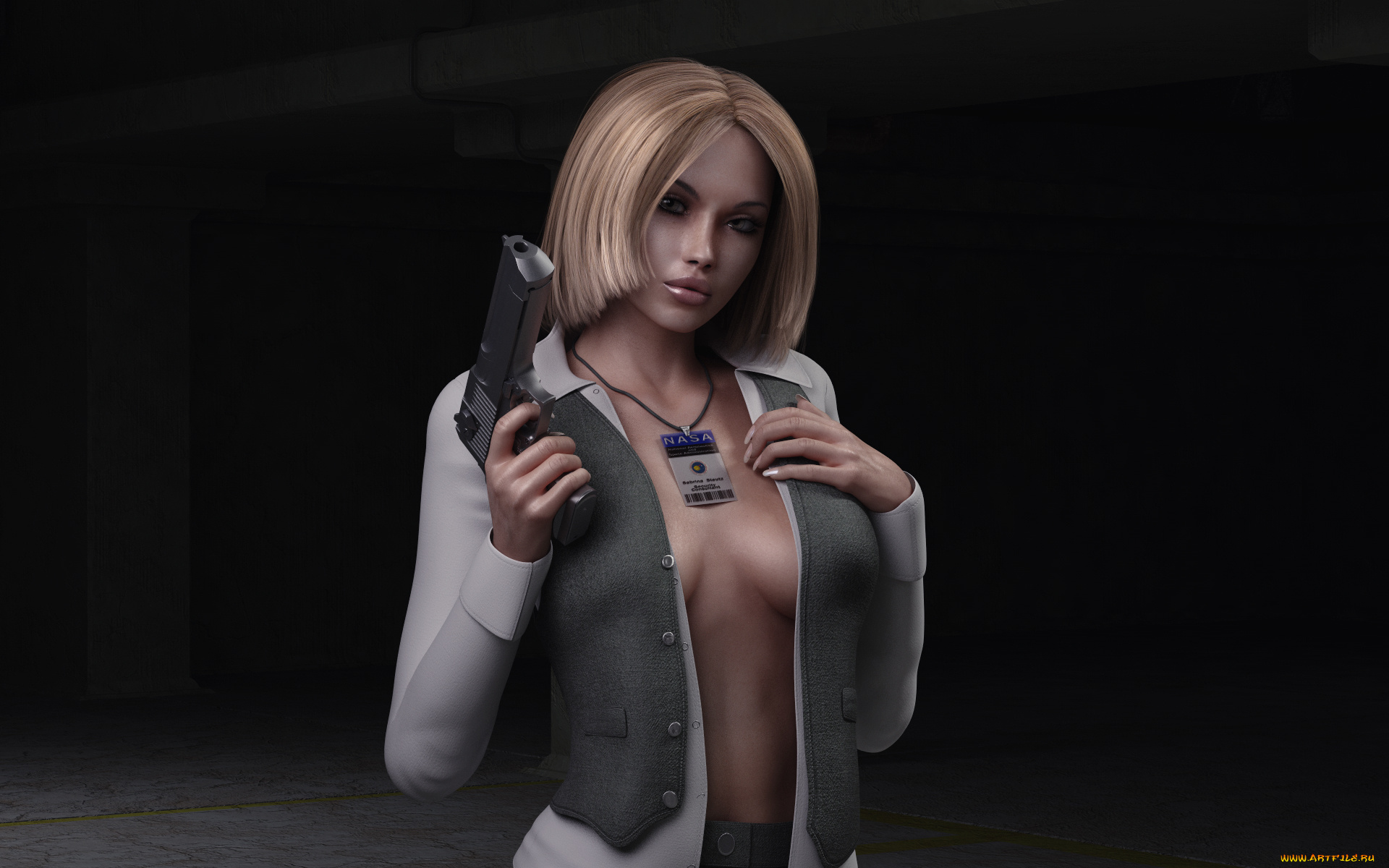 3д, графика, military, девушка, грудь, пропуск, nasa, пистолет, оружие