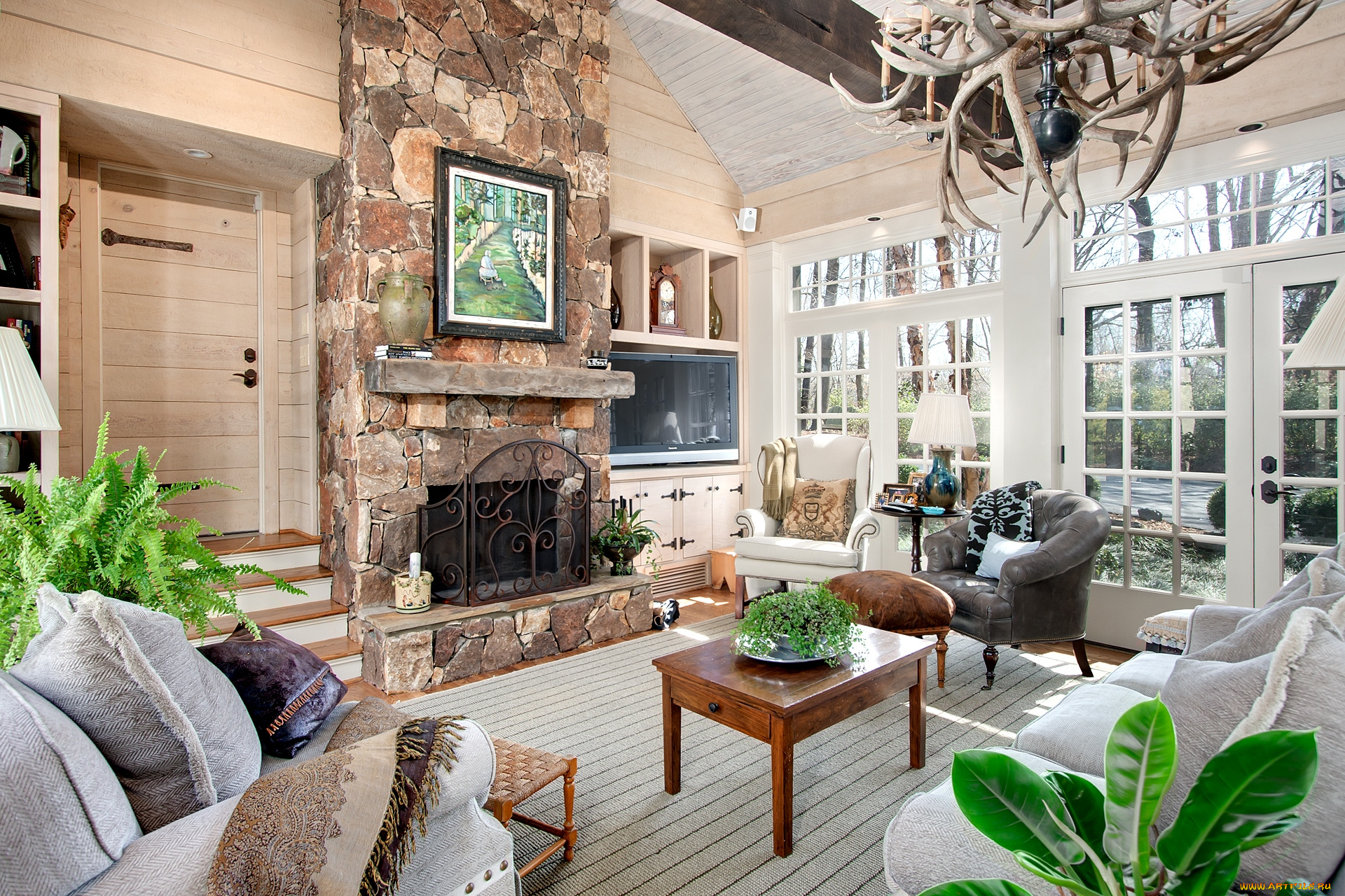 интерьер, гостиная, люстра, столик, диваны, картина, камин