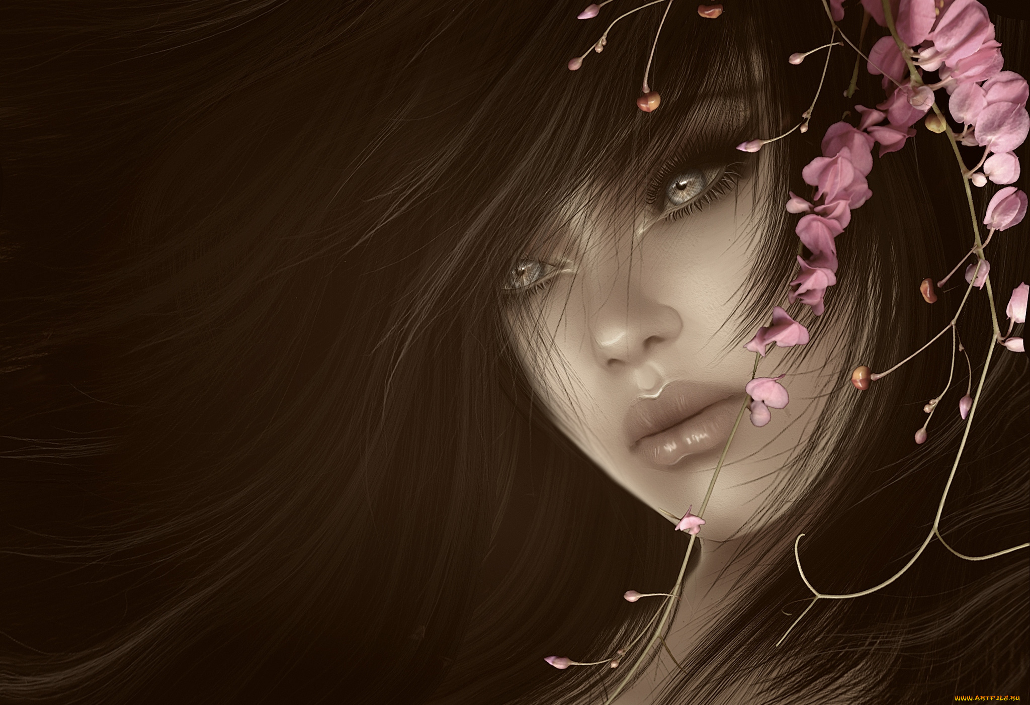 3д, графика, portraits, портрет, цветы, лицо