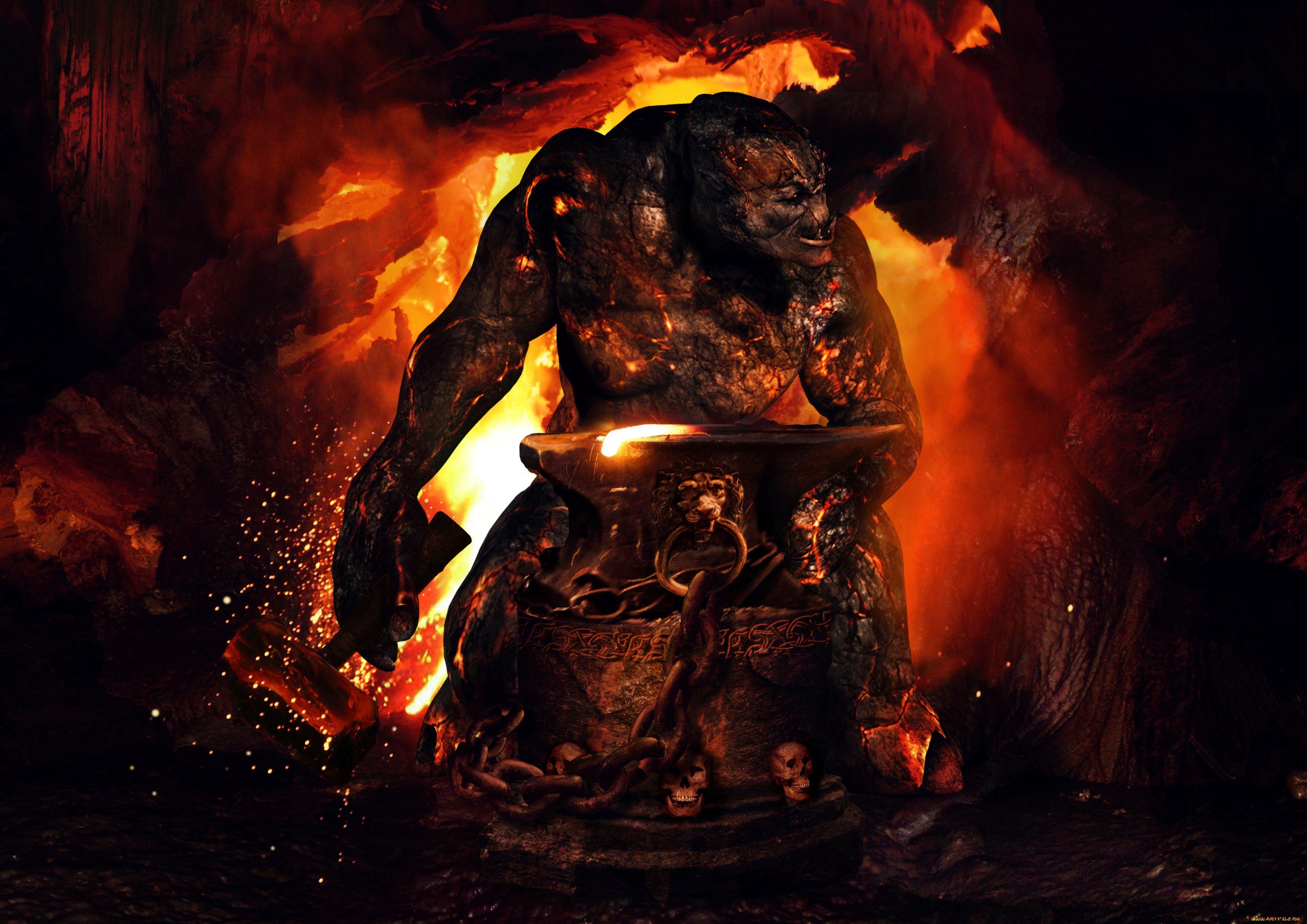 фэнтези, существа, огонь, молот, наковальня, тролль, черепа, цепь