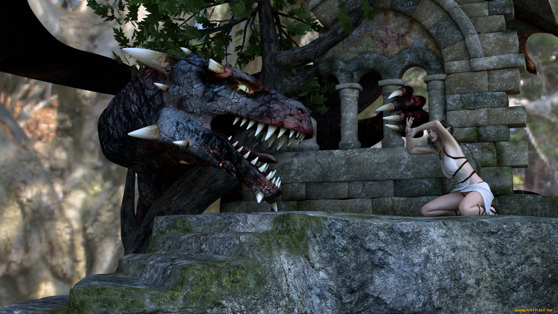 3д, графика, elves, , эльфы, эльфийка, дракон