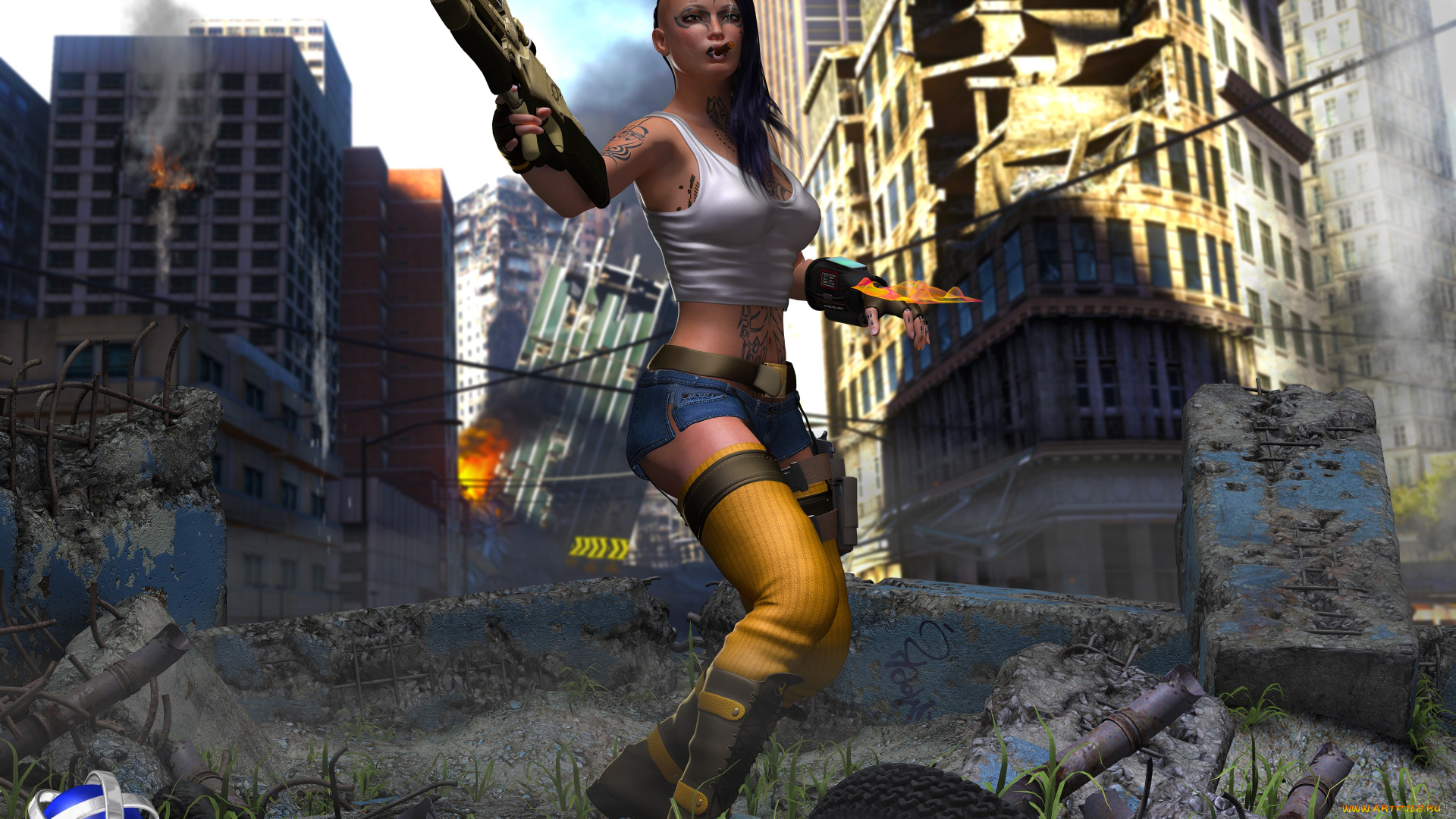 3д, графика, fantasy, , фантазия, девушка, оружие, город, руины