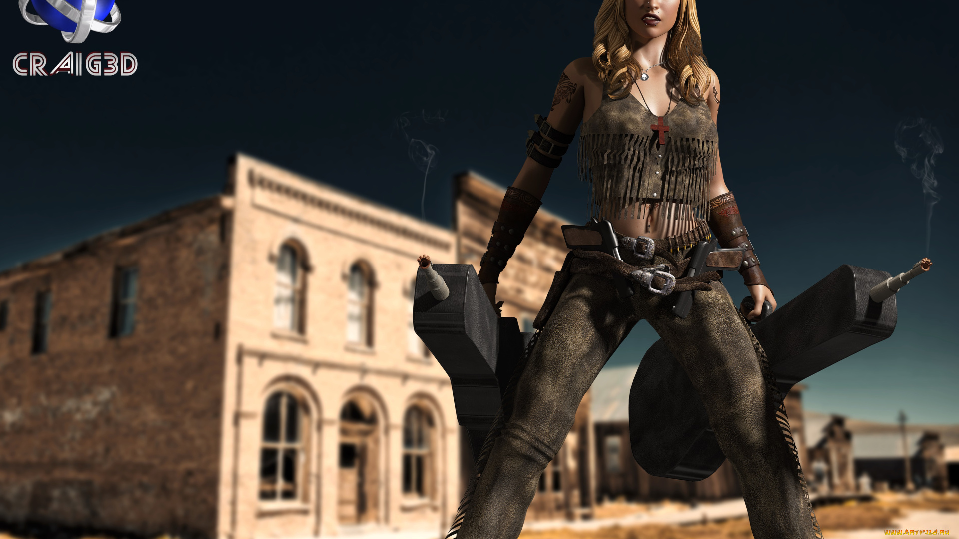 3д, графика, fantasy, , фантазия, девушка, оружие, дом