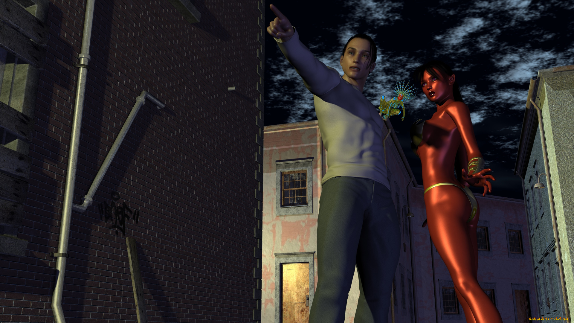 3д, графика, fantasy, , фантазия, девушка, парень, улица, ночь