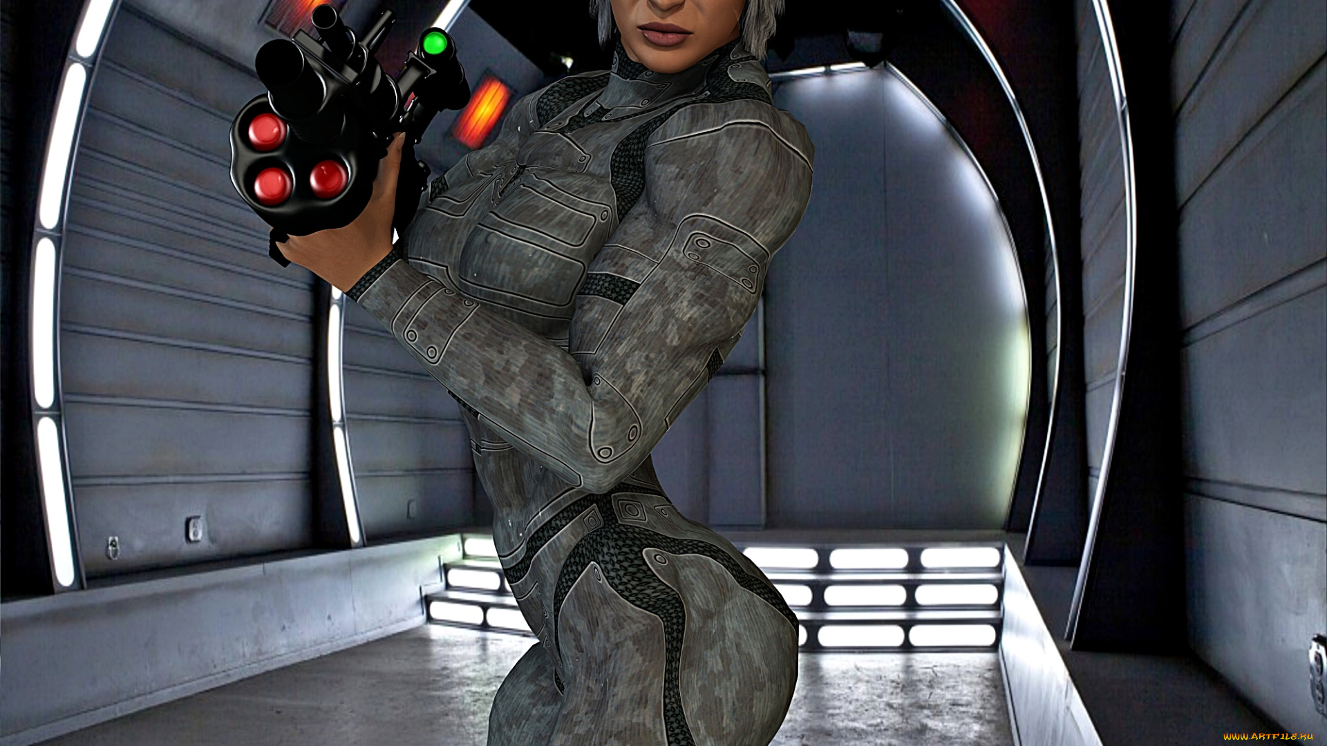 3д, графика, fantasy, , фантазия, коридор, оружие, девушка