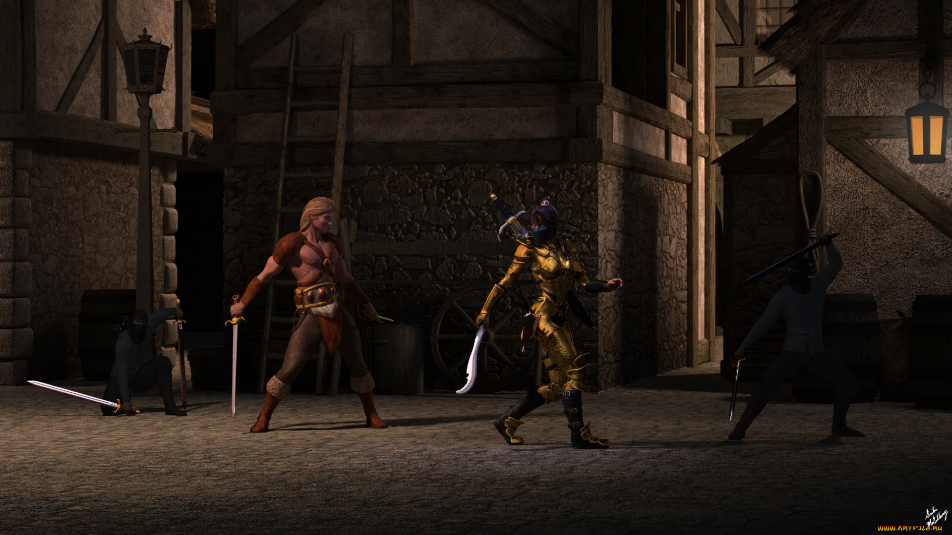 3д, графика, fantasy, , фантазия, существа, воин, улица, мечи, драка