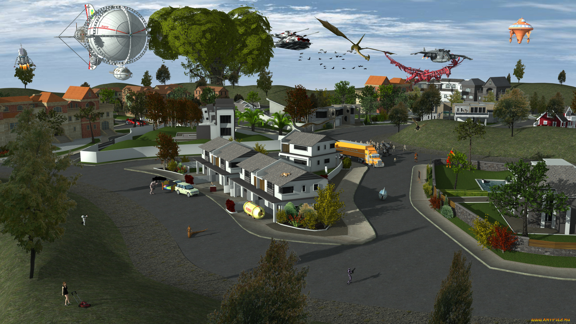 3д, графика, fantasy, , фантазия, улица, дома