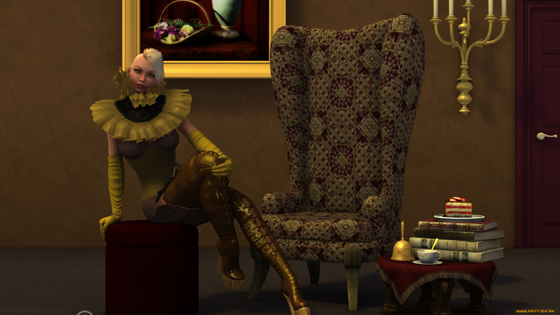 3д, графика, people, , люди, комната, девушка, книги, свечи, картина, кресло
