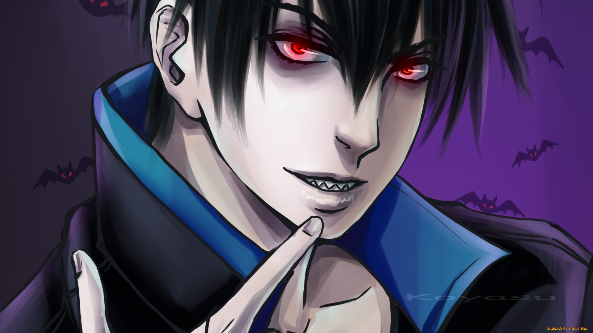 аниме, blood, lad, парень, взгляд, улыбка, арт, летучие, мыши, брюнет, красные, глаза