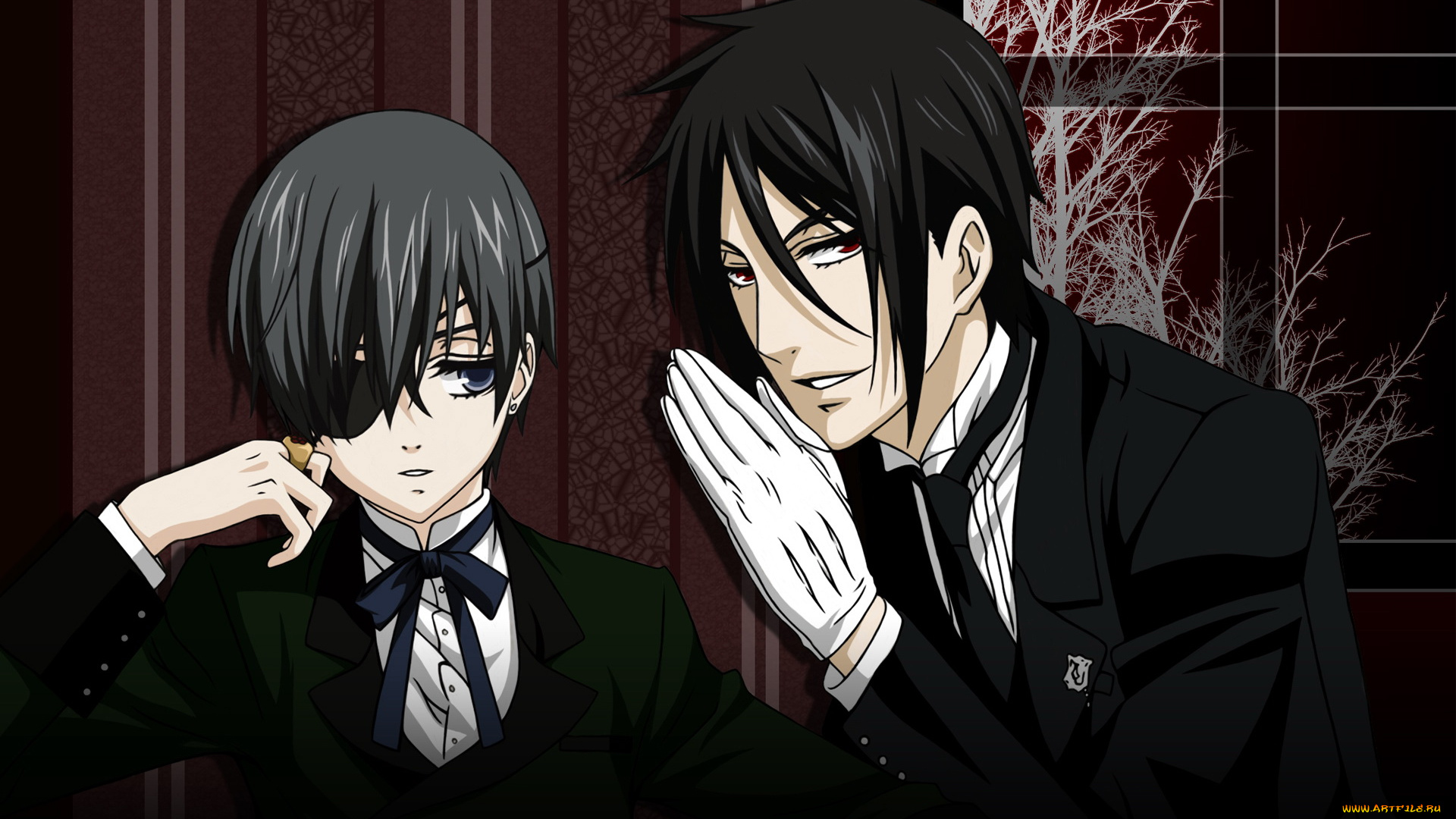 аниме, kuroshitsuji, дворецкий, окно, стена, себастьян, ветви, михаэлис, фантомхайв, сиэль, тёмный