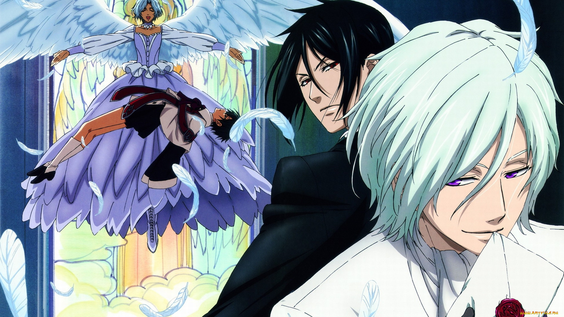 аниме, kuroshitsuji, сиэль, михаэлис, ангел, девушка, перья, окно, дворецкий, тёмный, себастьян, фантомхайв, печать, конверт