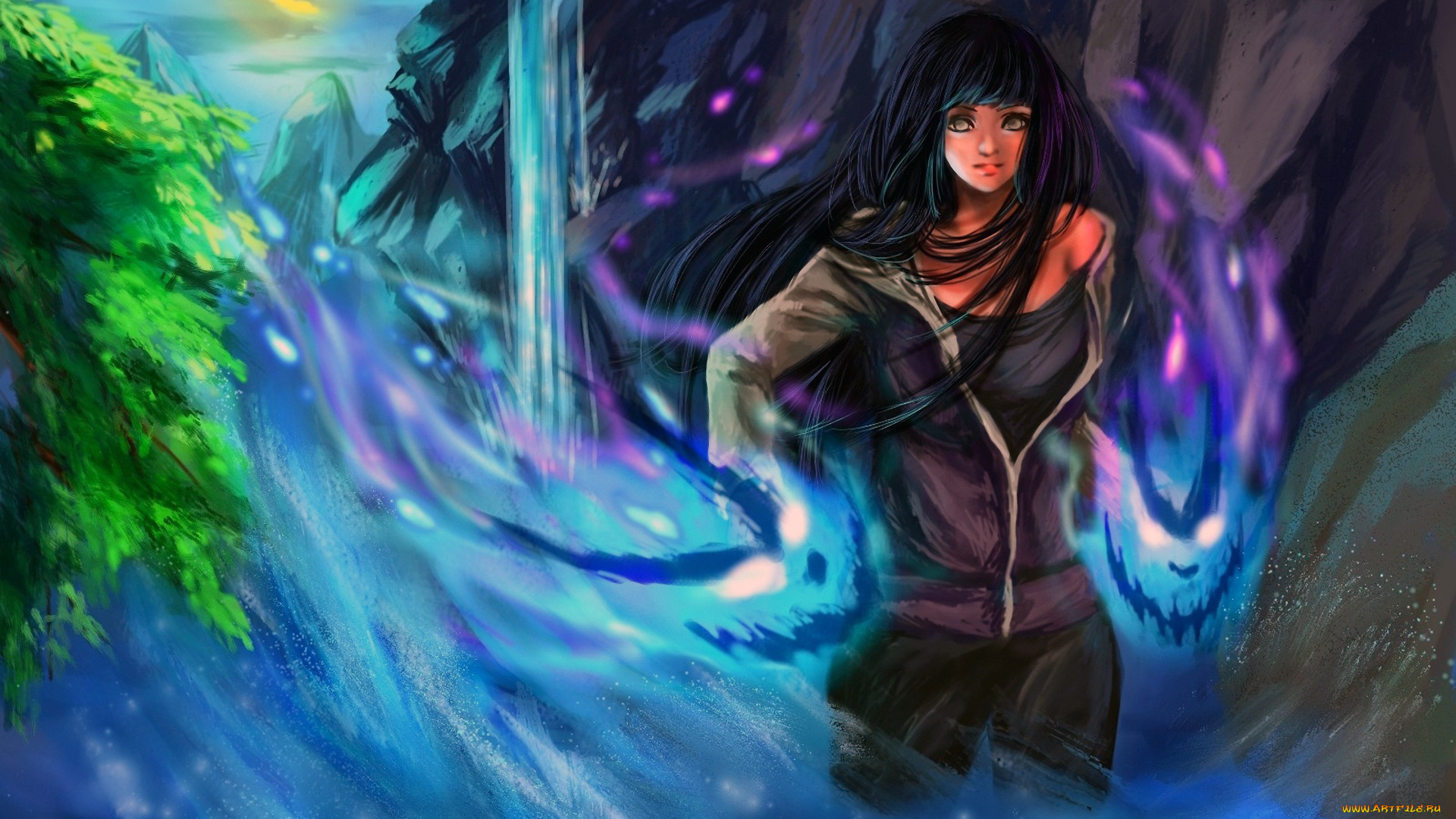 аниме, naruto, наруто, хината, вода, ветка, водопад, брюнетка, девушка, хьюга, арт, сияние