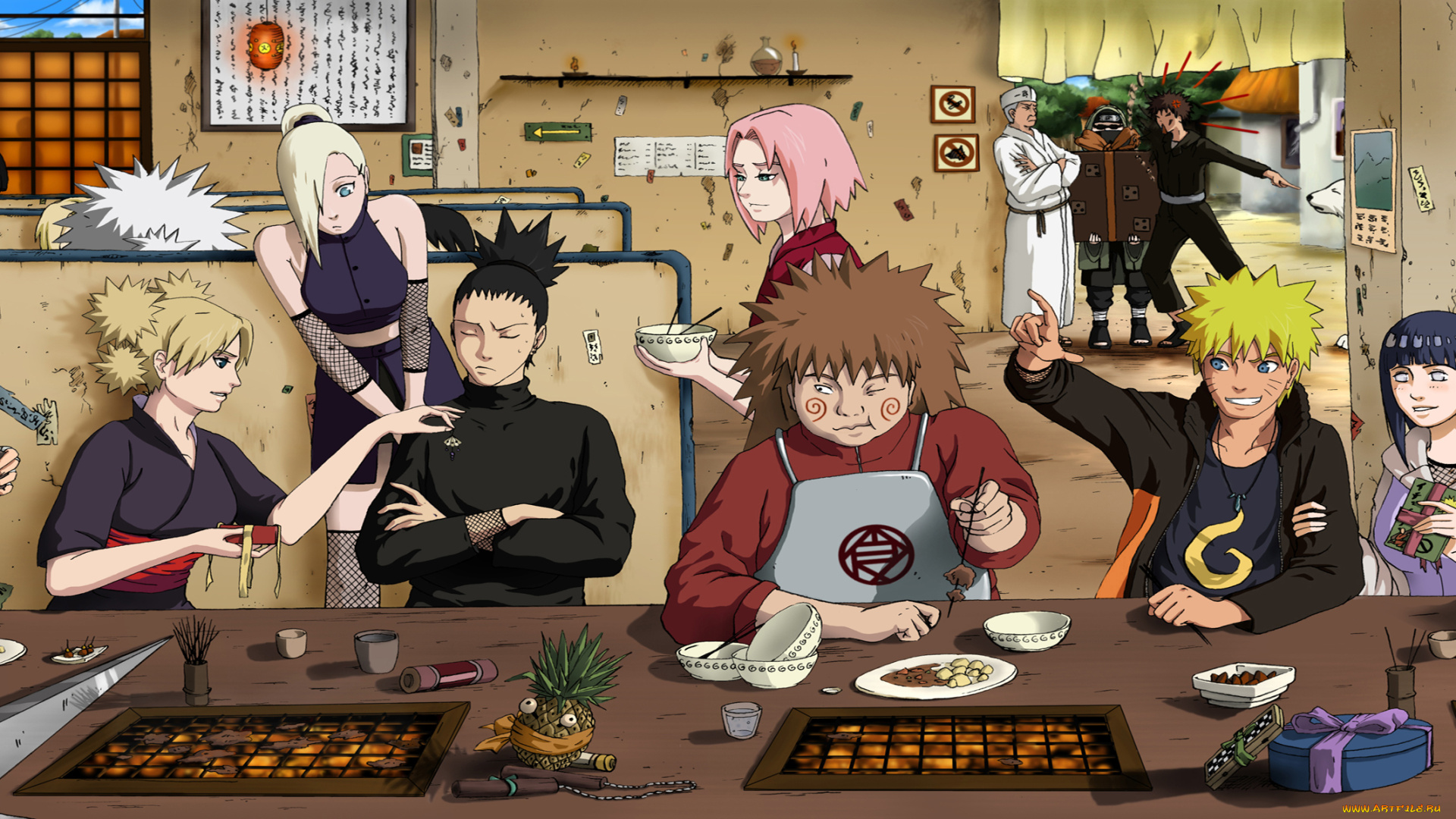 аниме, naruto, персонажи, кафе, тен-тен, рок, ли, темари, ино, шикомару, сакура, чёджи, наруто, хината, неджи, сай, киба, шино
