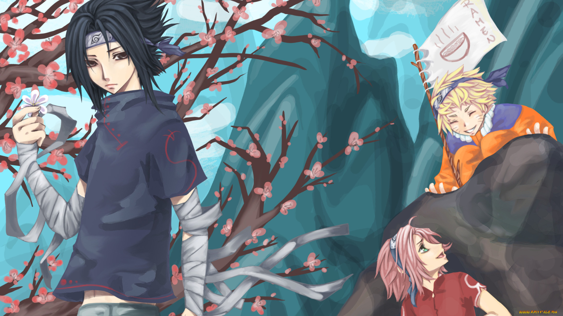 аниме, naruto, ветви, бинты, флаг, узумаки, небо, учиха, сакура, харуно, арт, цветушее, дерево, горы, саске, наруто, облака