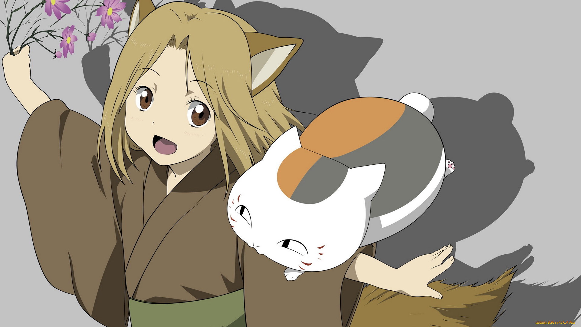 аниме, natsume, yuujinchou, цветы, кошка, ушки, девушка