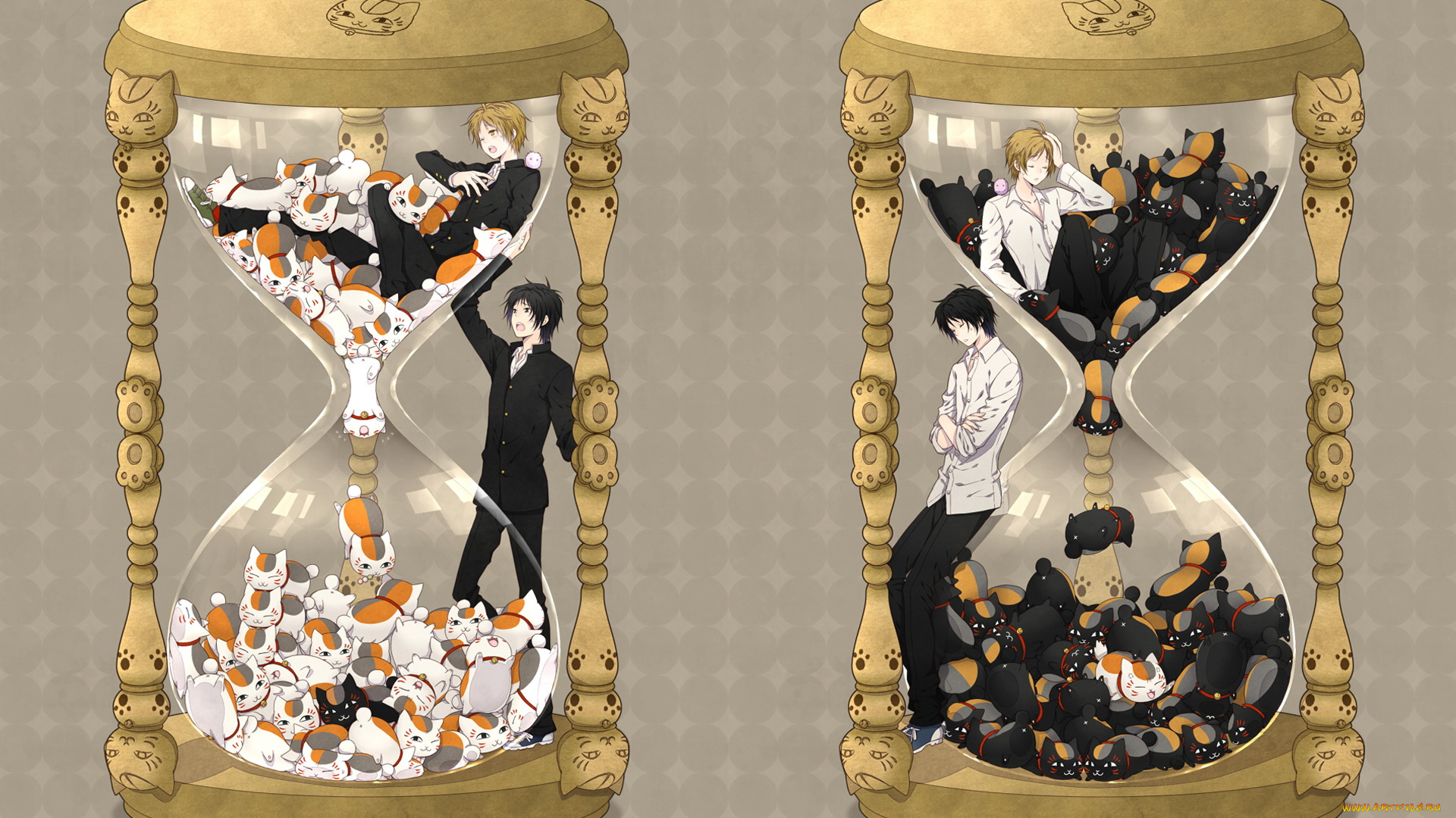 аниме, natsume, yuujinchou, мальчики, кошки, колбы