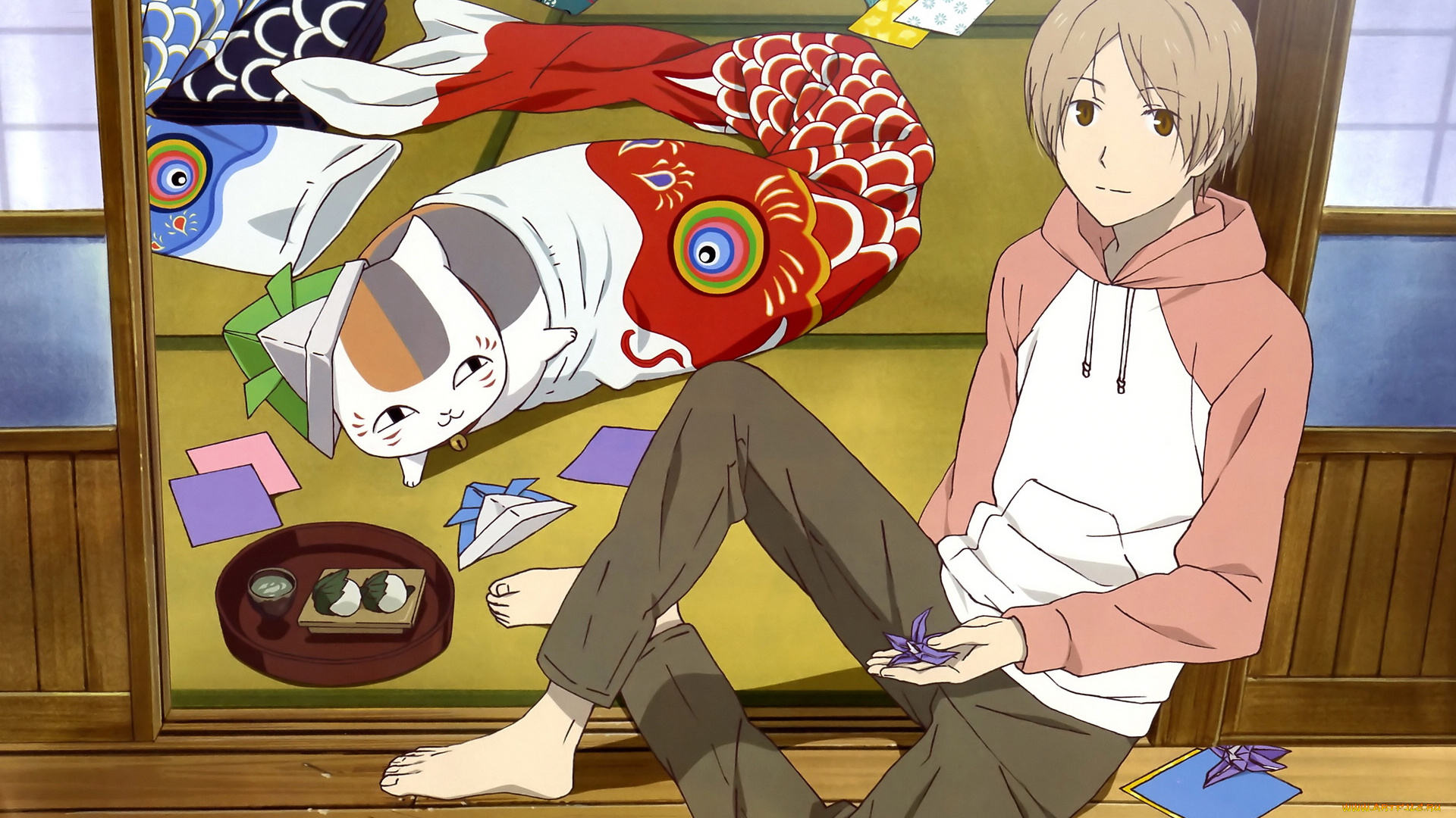 аниме, natsume, yuujinchou, взгляд, кошка, мальчик