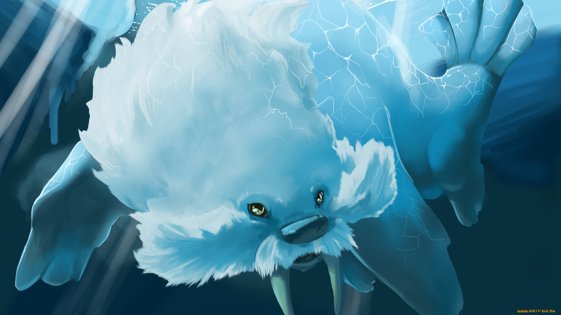 аниме, pokemon, лёд, плывёт, водо, морж, арт, покемон