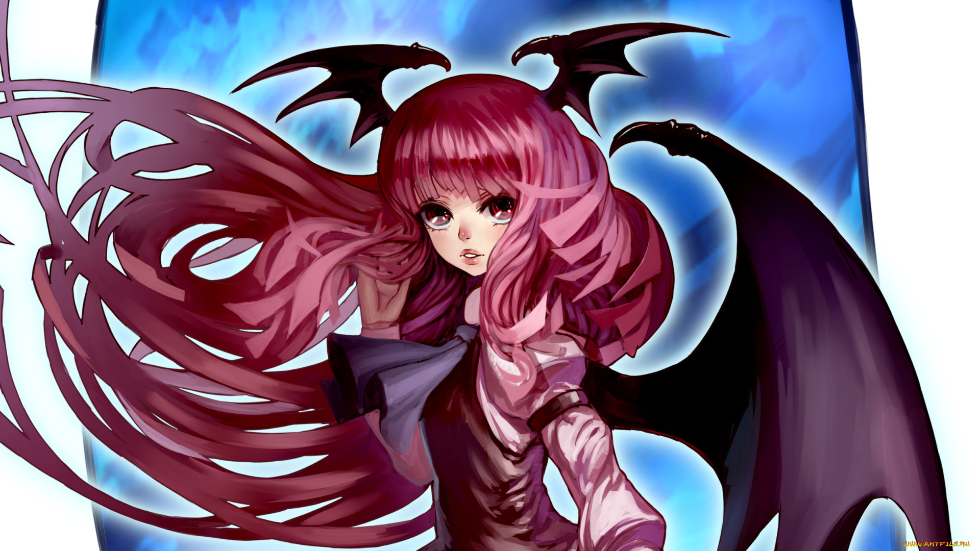 аниме, touhou, девушка, koakuma, kei, t, sr, арт, рога, крылья