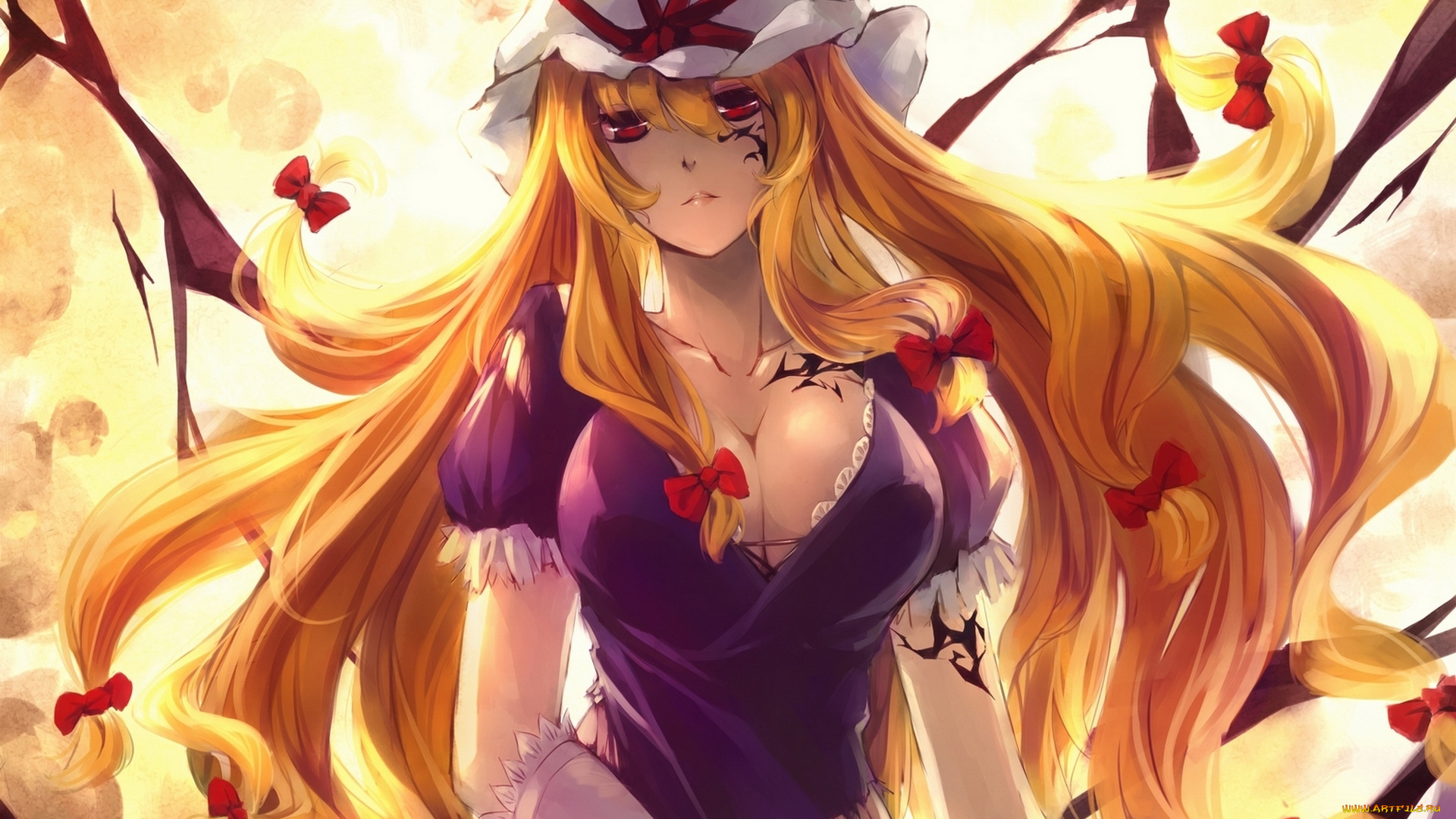 аниме, touhou, грудь, yakumo, yukari, девушка, kalalasan, art, декольте, взгляд