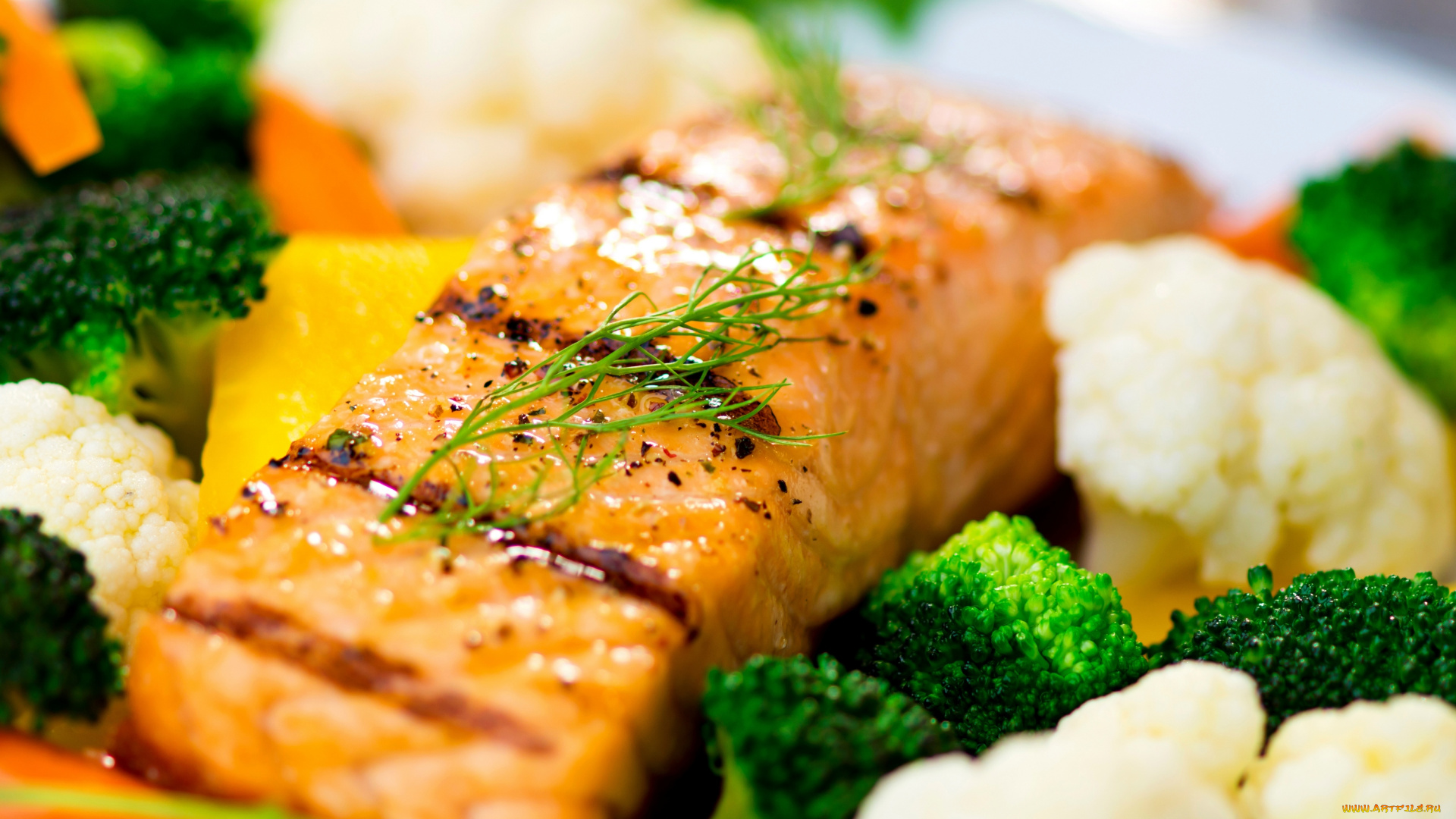 еда, рыбные, блюда, , с, морепродуктами, запеченный, лосось, брокколи, зелень, морковь