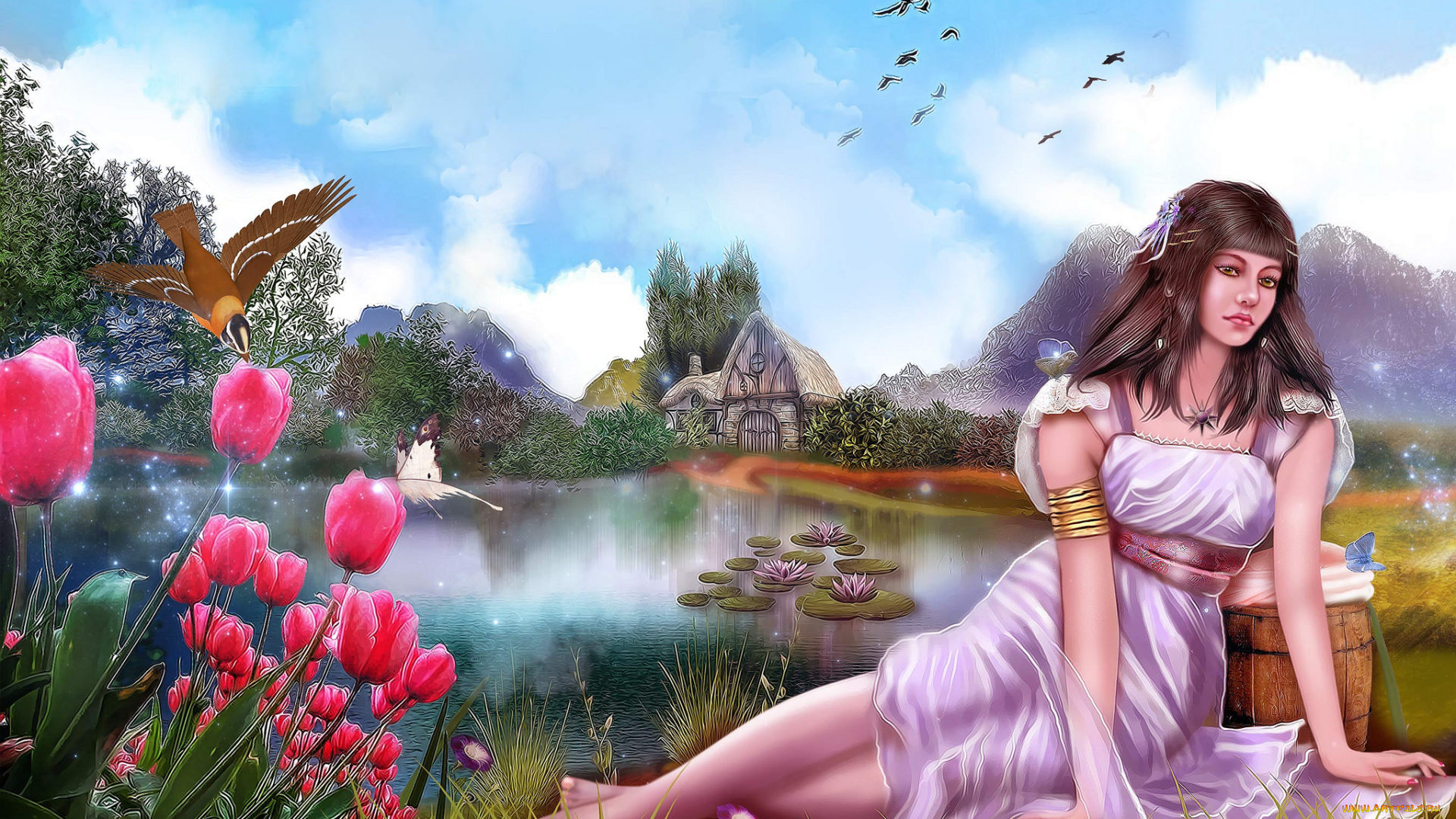 фэнтези, девушки, цветы, дом, озеро, девушка