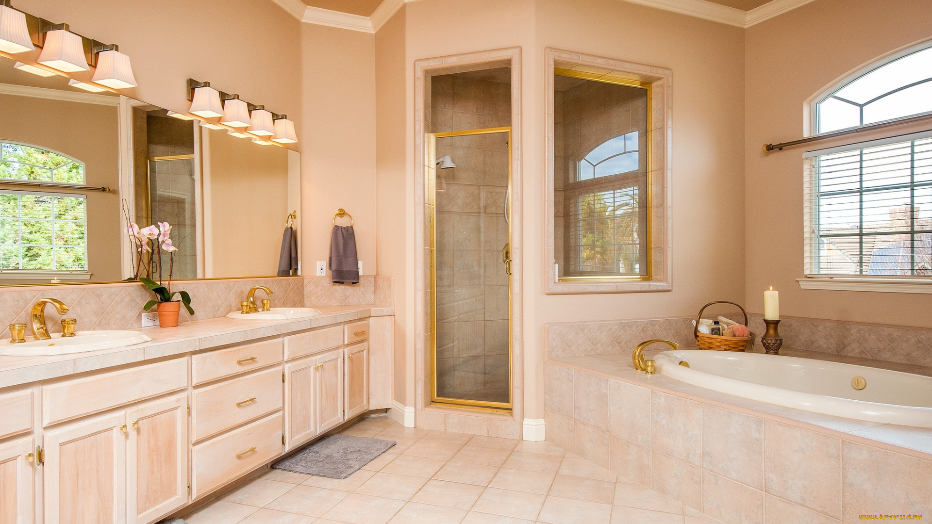 интерьер, ванная, и, туалетная, комнаты, зеркала, душ