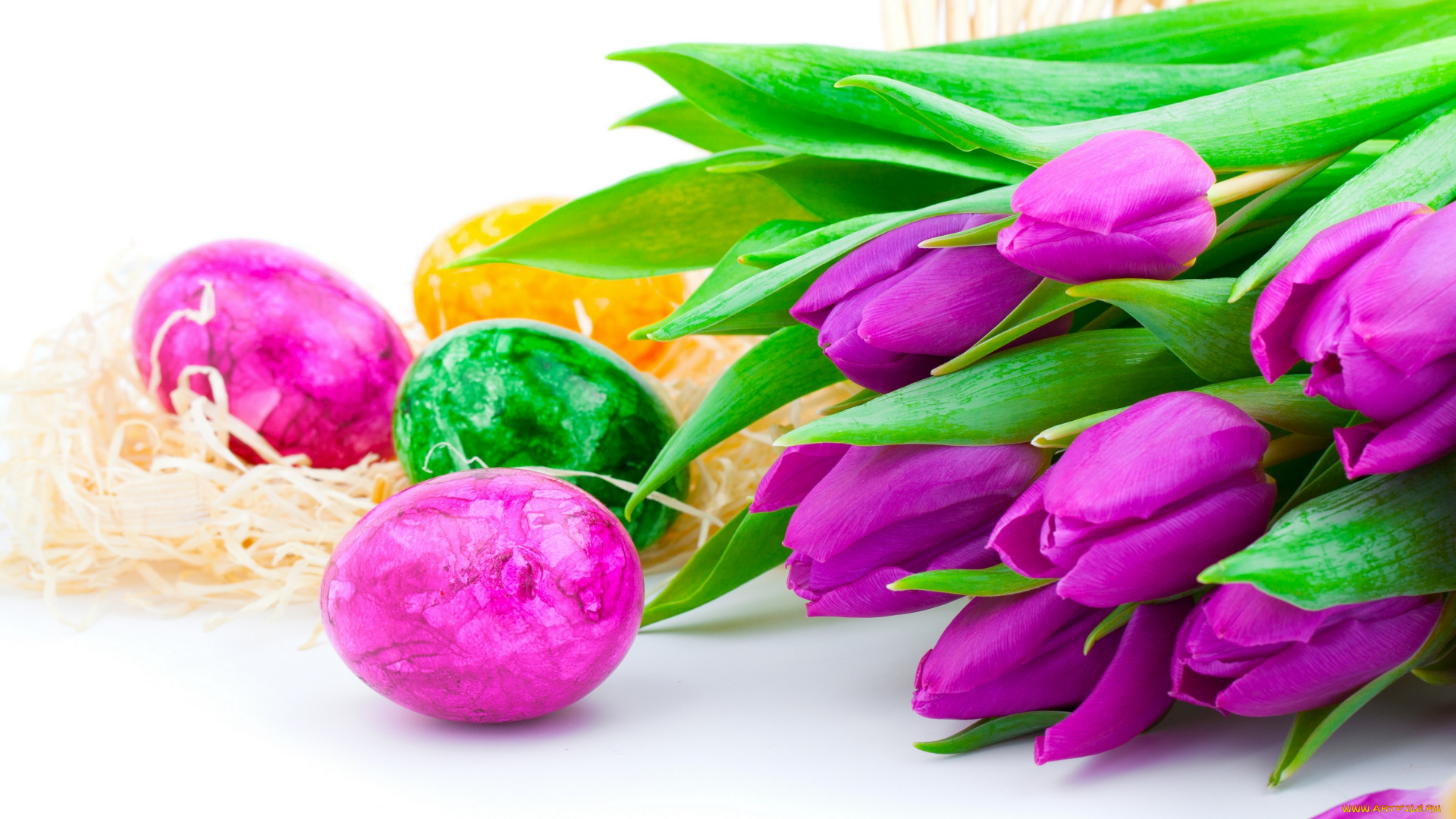 праздничные, пасха, яйца, праздник, тюльпаны, цветы, солома, фон