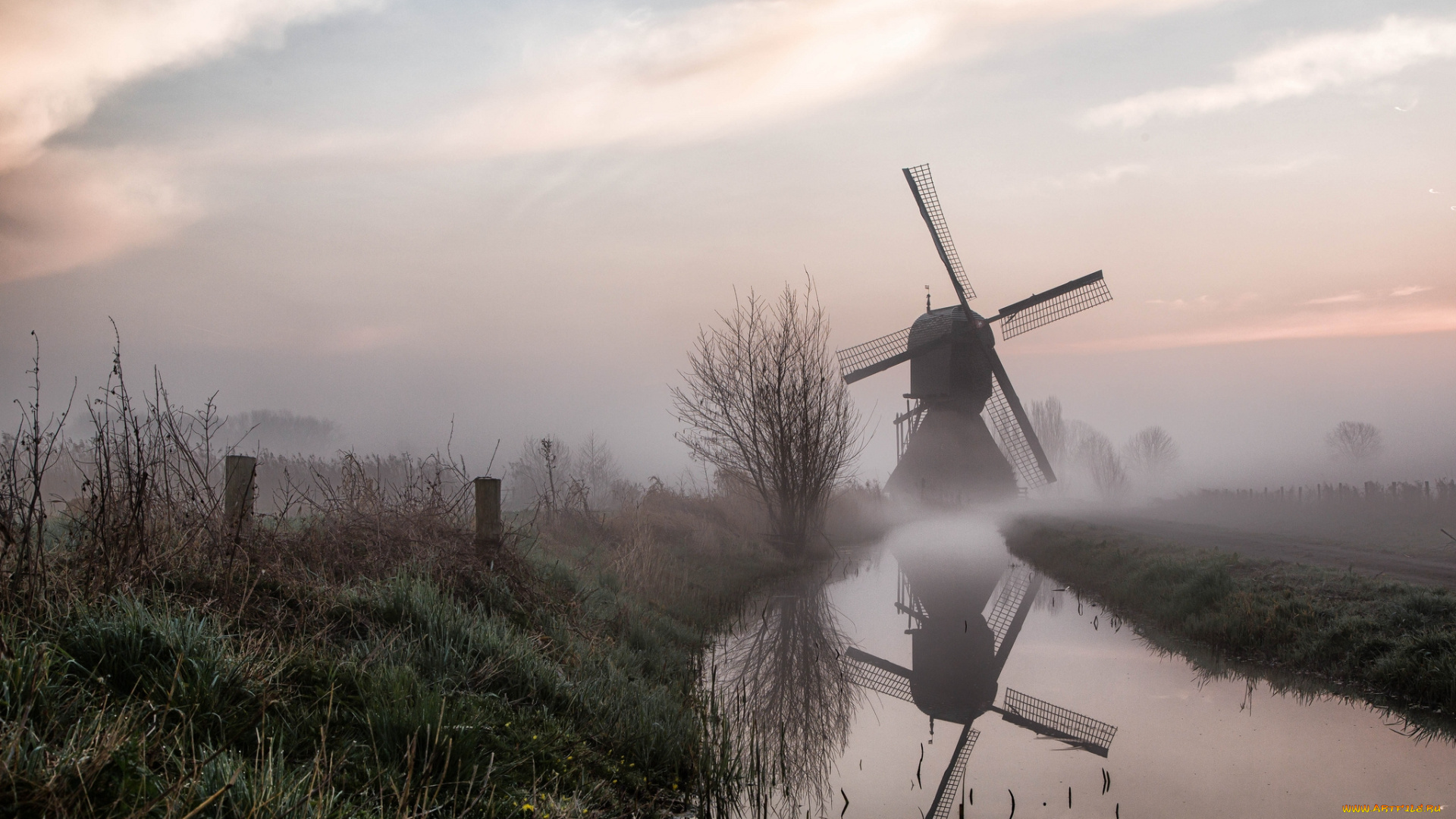 разное, мельницы, мельница, туман, река, утро