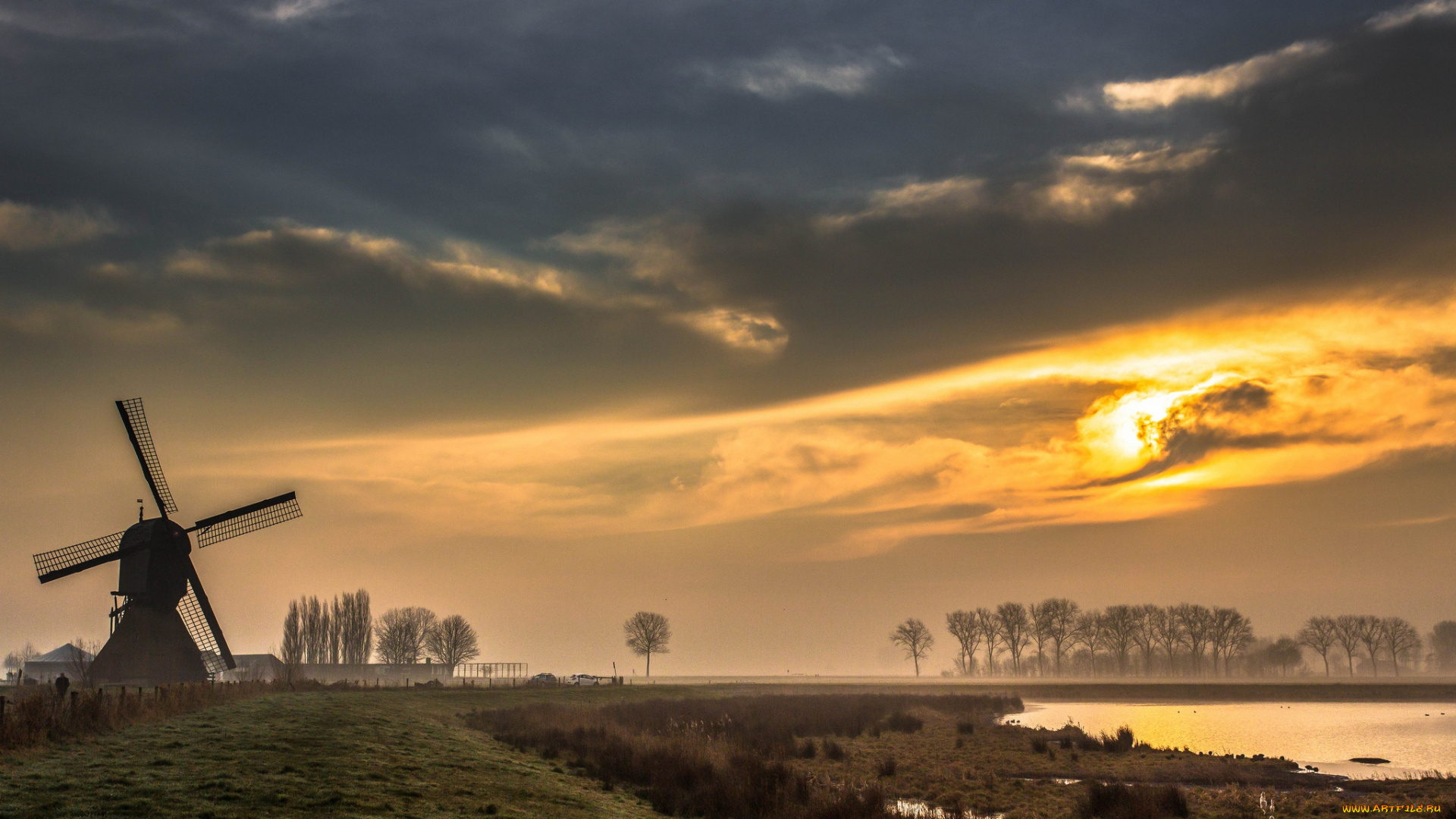 разное, мельницы, поле, ветряк, свет, река, тучи