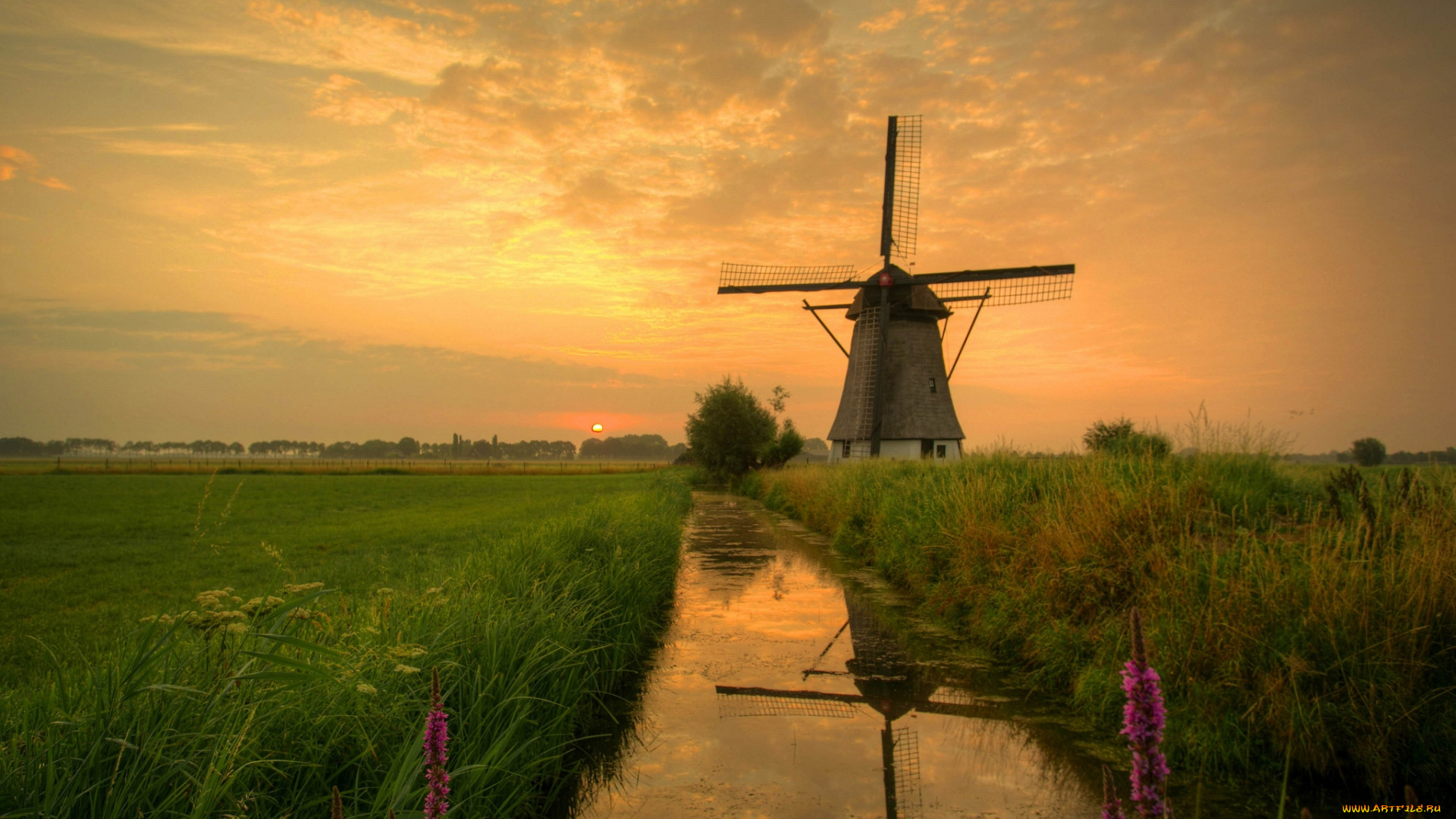 разное, мельницы, поле, зарево, ветряк, трава, тучи, канал
