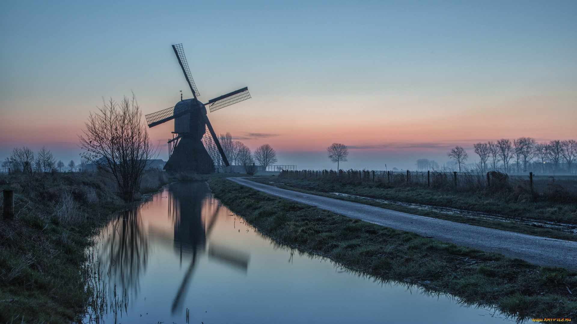 разное, мельницы, туман, дорога, река, утро, мельница