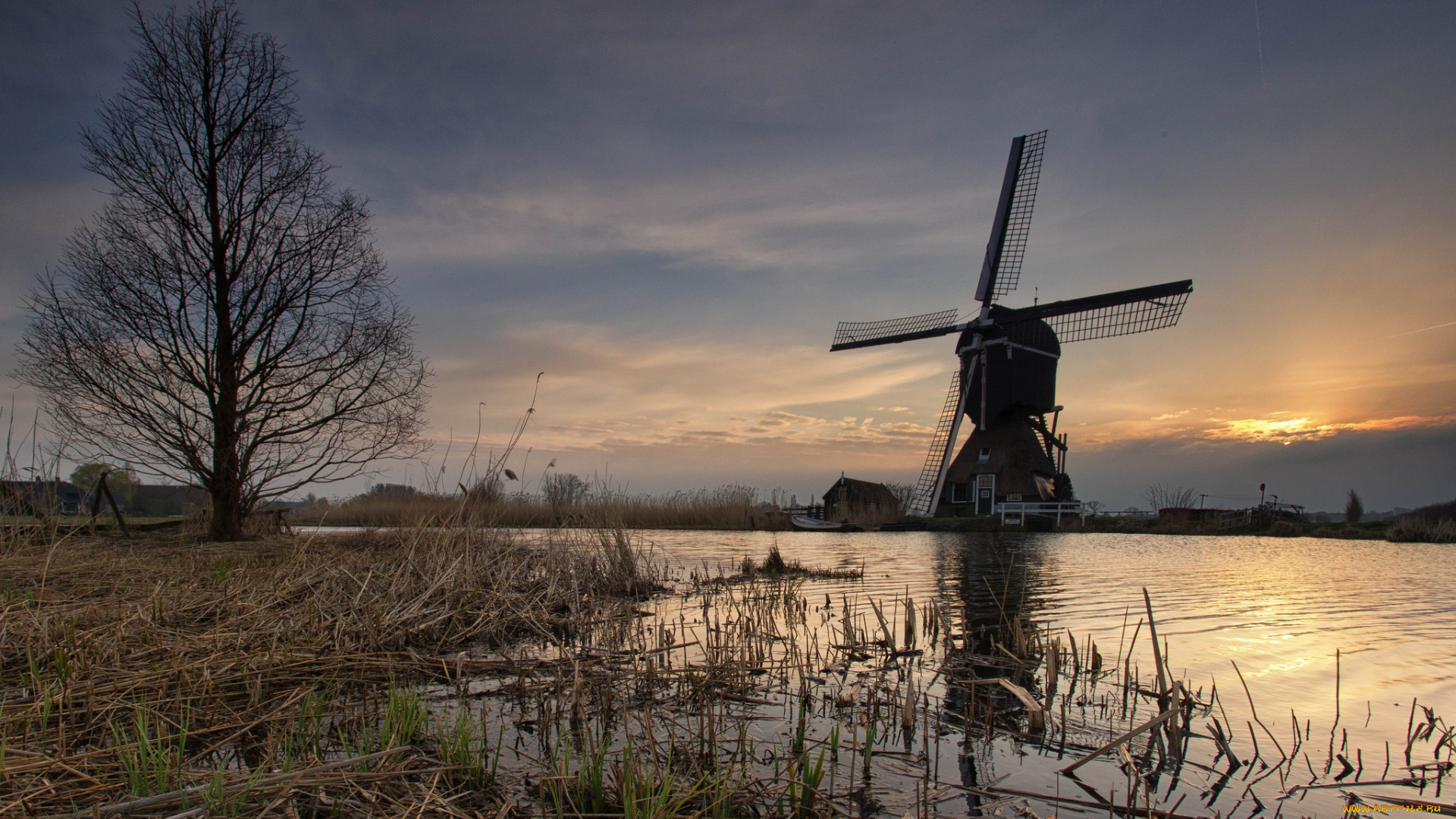 разное, мельницы, закат, река, мельница, вечер
