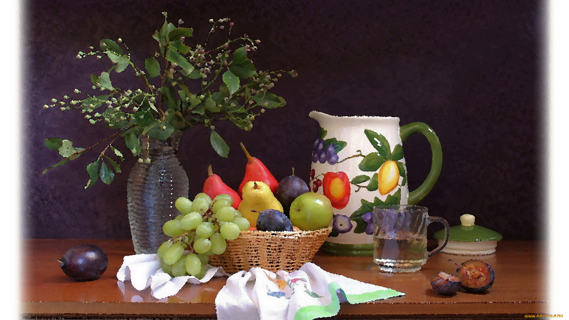 рисованные, живопись, картина, ваза, цветы, посуда, корзинка, фрукты