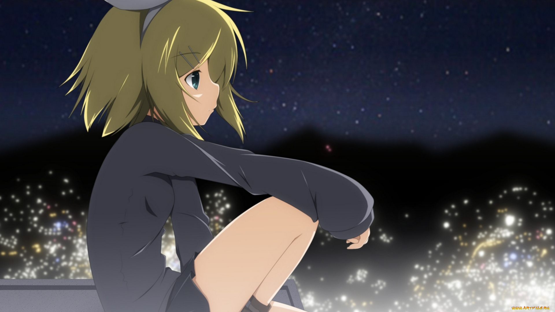 vocaloid, аниме, бант, девушка, kagamine, rin, небо, yuzuki, kei, арт, ночь, вокалоид, город, звезды, огни