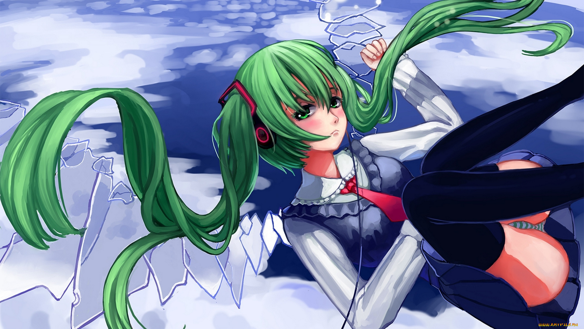 vocaloid, аниме, форма, облака, волосы, крылья, провод, плеер, наушники, небо, hatsune, miku, девушка, вокалоид, hoshimawa, арт