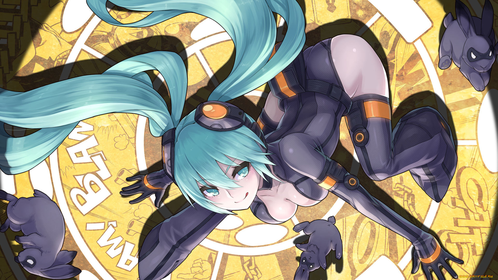 vocaloid, аниме, hatsune, miku, язык, вокалоид, nidy-2d-, арт, наушники, животные, зайцы, девушка