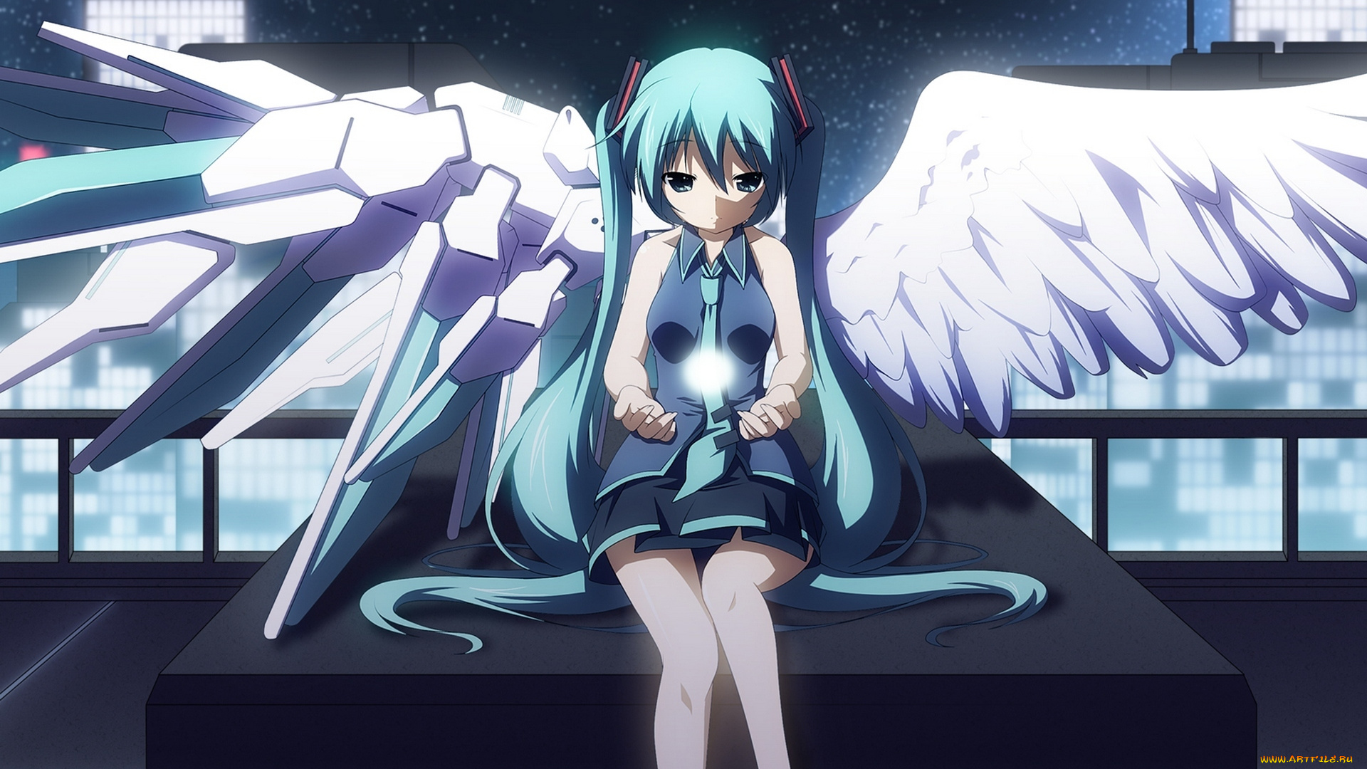 vocaloid, аниме, небо, вокалоид, крылья, девушка, форма, школьница, ангел, hatsune, miku, ночь, арт, yuzuki, kei, звезды, город