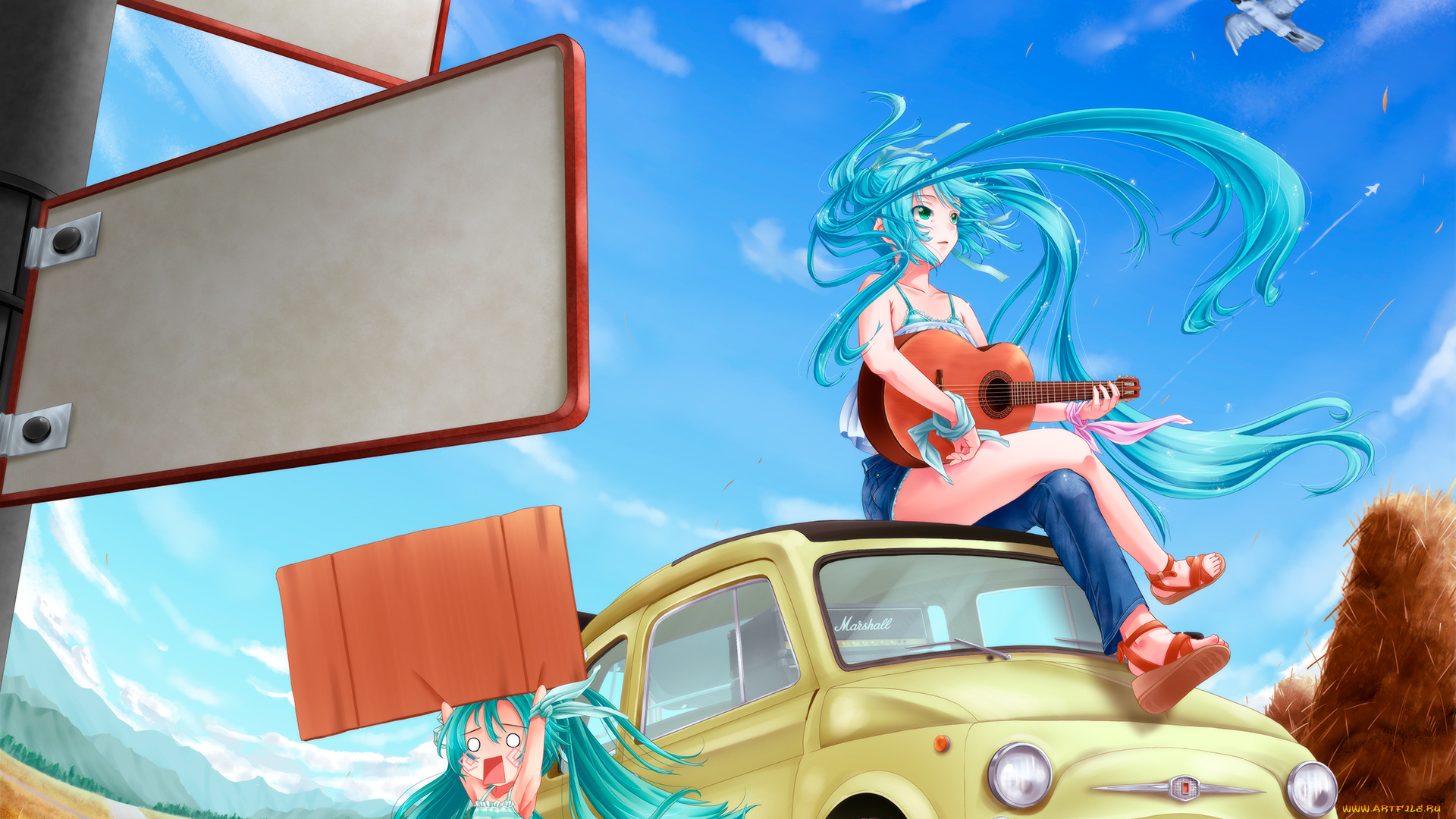 vocaloid, аниме, облака, девушка, hatsune, miku, небо, знаки, горы, гитара, птица, вокалоид, дорога, машина, hachune, tsukineko, арт