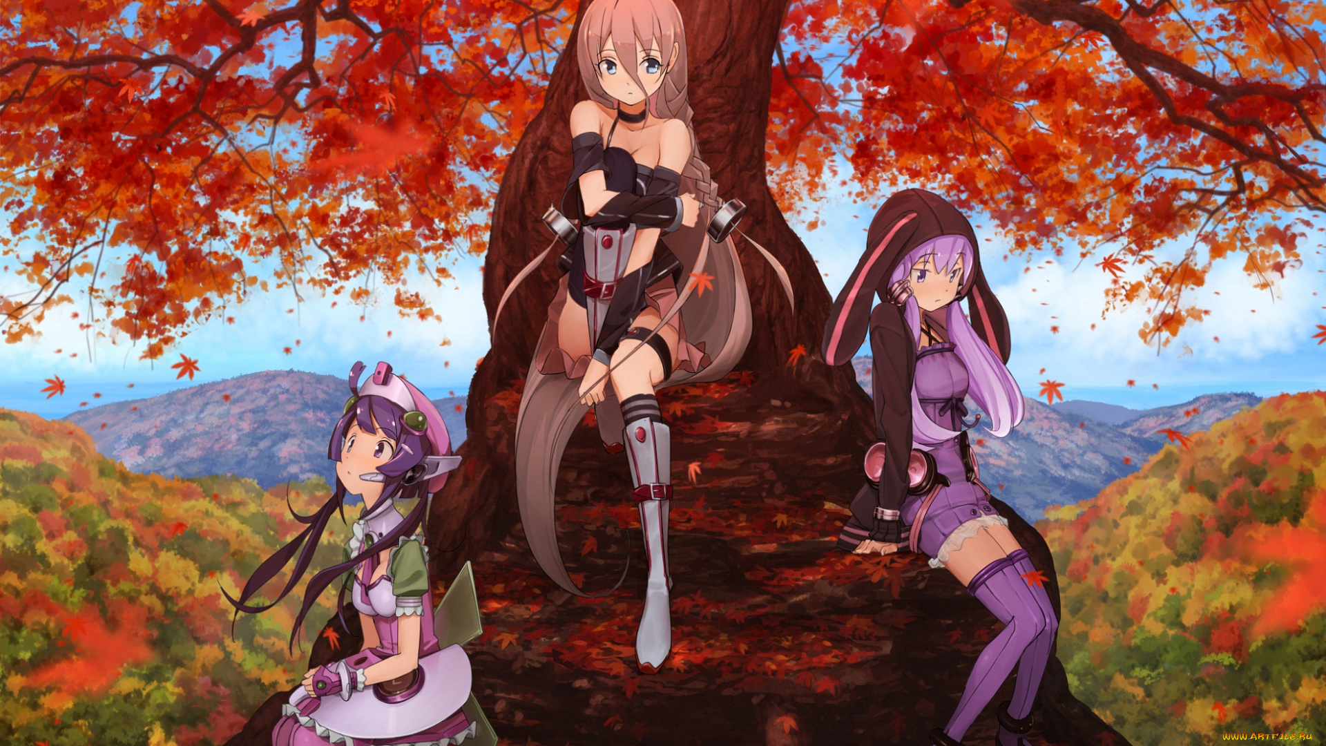 vocaloid, аниме, осень, дерево, девушки, yuzuki, yukari, природа, листья, вокалоид, арт, domo1220, tone, rion, ia, горы