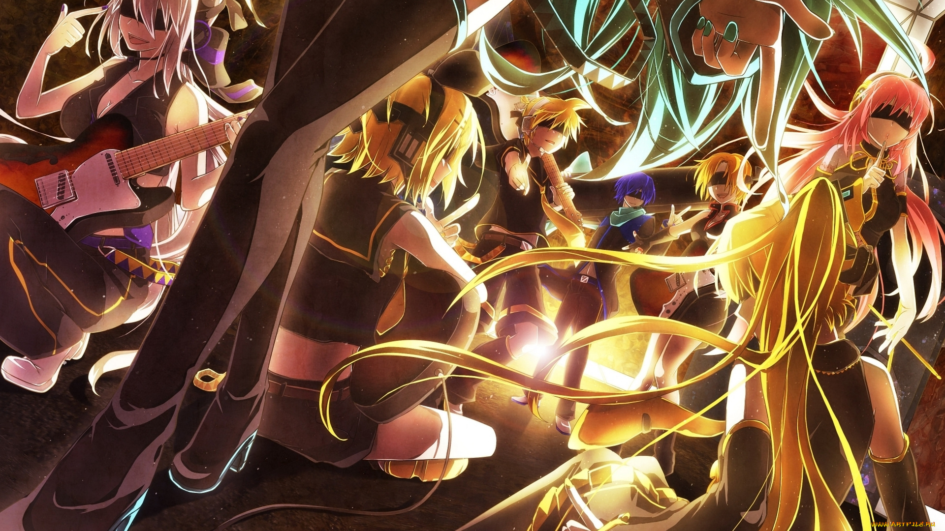 vocaloid, аниме, парни, meiko, yowane, haku, девушки, megurine, luka, kaito, kagamine, rin, len, шарф, наушники, жест, hatsune, miku, akita, neru, nocho, арт, микрофон, гитара, повязка, вокалоид