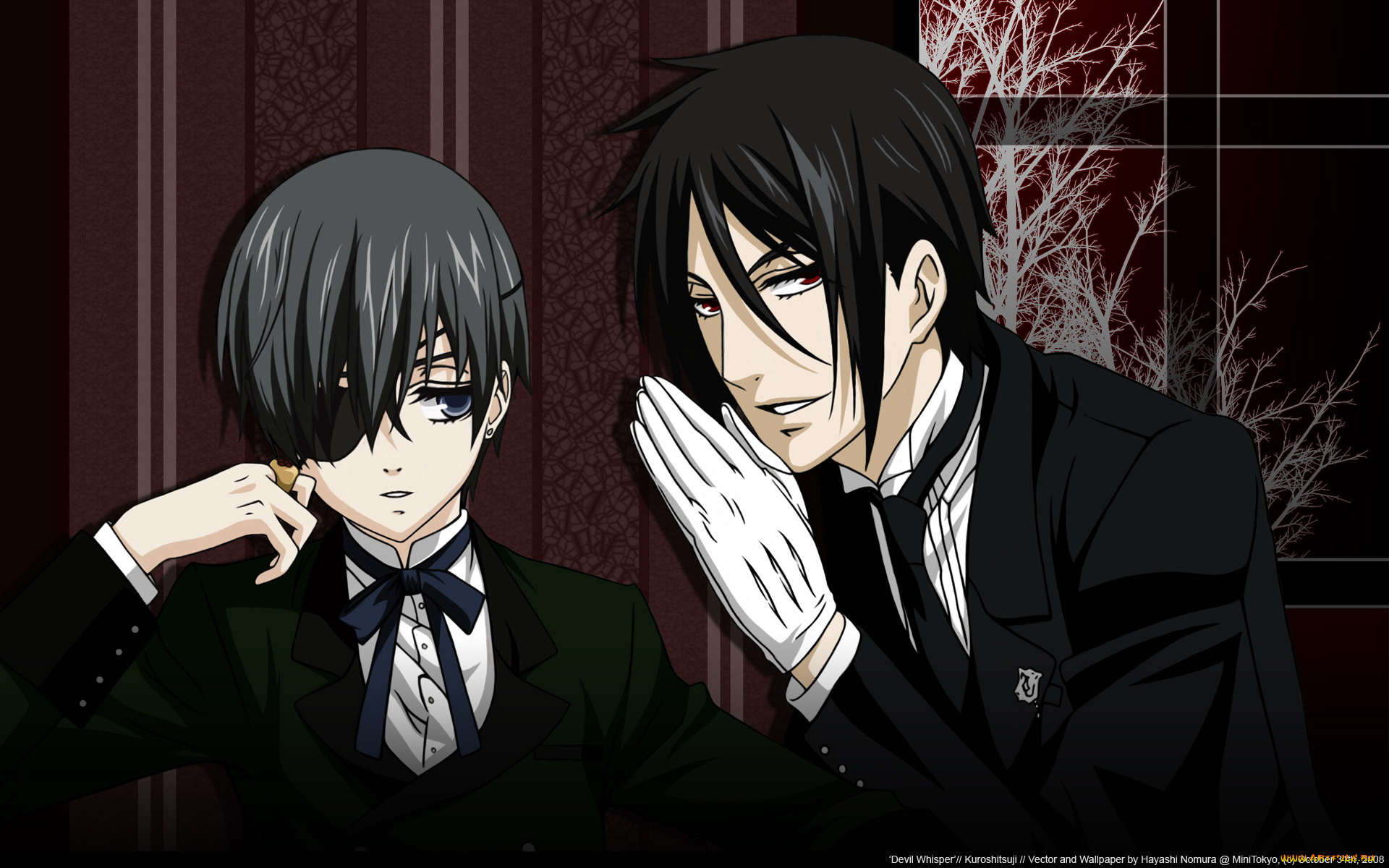 аниме, kuroshitsuji, дворецкий, окно, стена, себастьян, ветви, михаэлис, фантомхайв, сиэль, тёмный